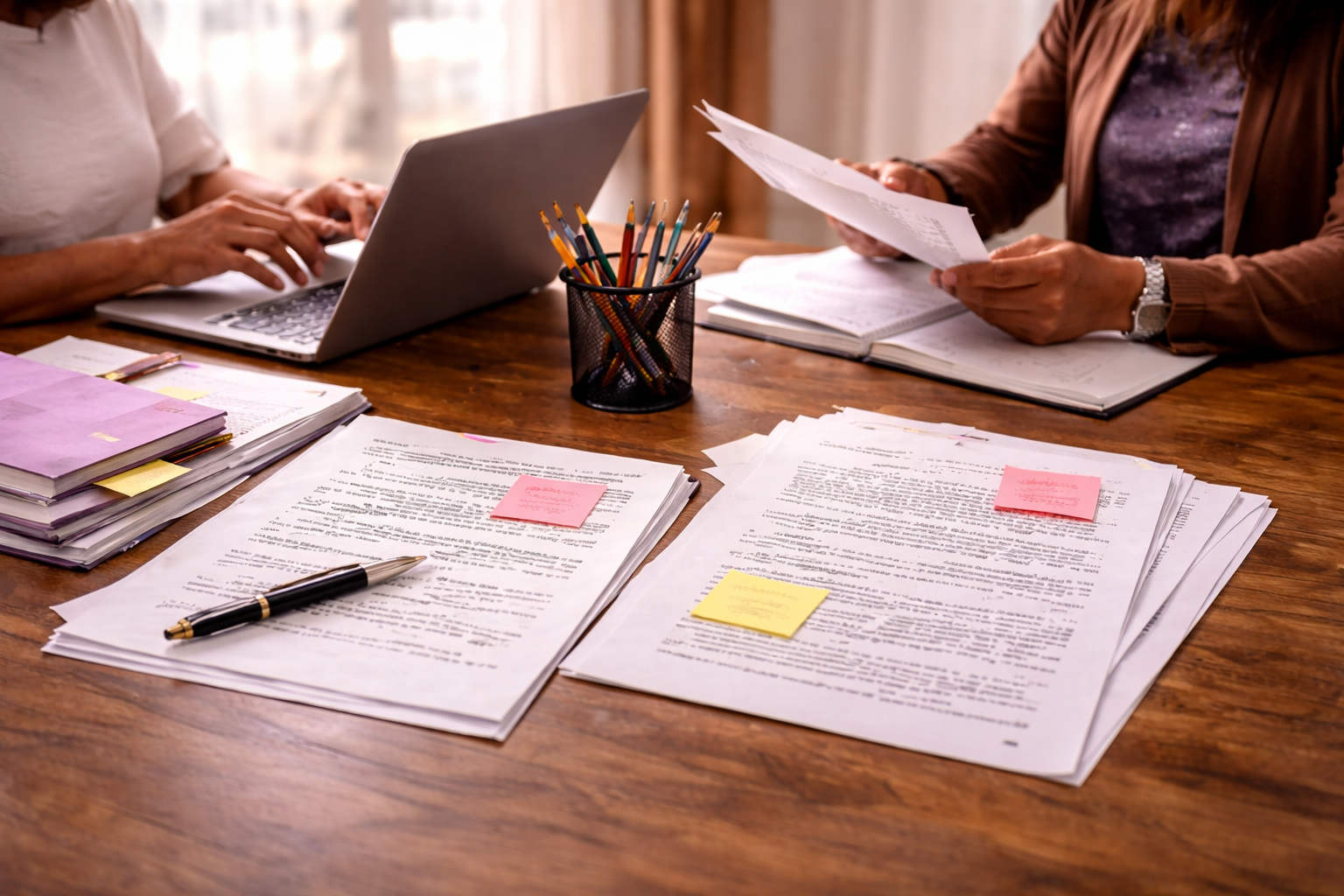 Two women at a wooden table covered with stacks of papers, notebooks, and sticky notes, working on documents with a laptop and a pen.