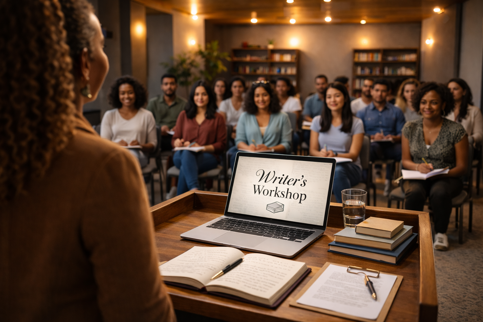 A woman leads a writer's workshop in a cozy room with a group of attentive diverse adults seated and taking notes. The workshop's title is displayed on a laptop screen that reads 'Writer's Workshop'.