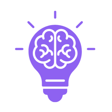 A purple lightbulb with a brain inside, symbolizing ideas or innovation.