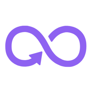 A purple infinity symbol with an arrow on the left side, representing continuous or infinite cycle.