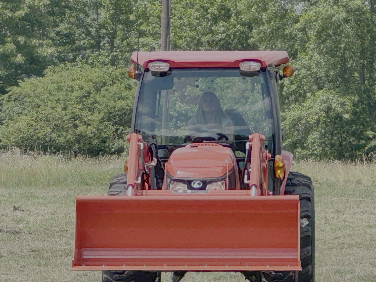 Red compact utility tractor with front loader attachment on grassy field with trees in the background.