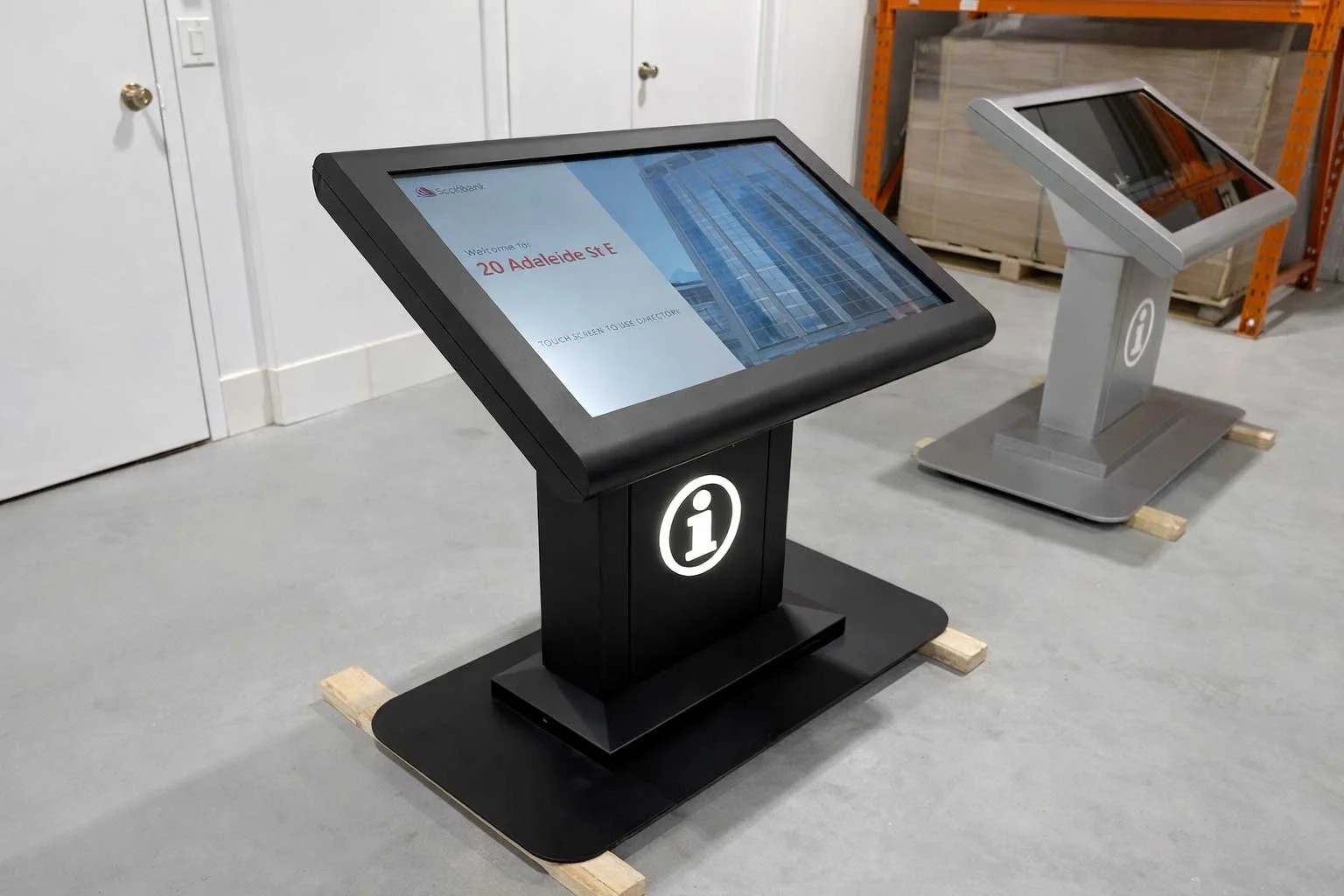 Custom indoor digital signage kiosk with touchscreen directory display, designed and manufactured by B&F Solutions Inc for commercial environments.