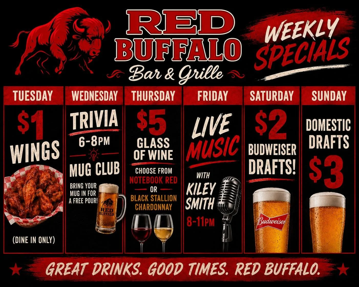 Grab your crew, pull up a chair, and enjoy the weekly specials! 

Great drinks. Good times. Red Buffalo.

#RedBuffaloBarAndGrille #StatesvilleNC #weeklyspecials #deals #nightout