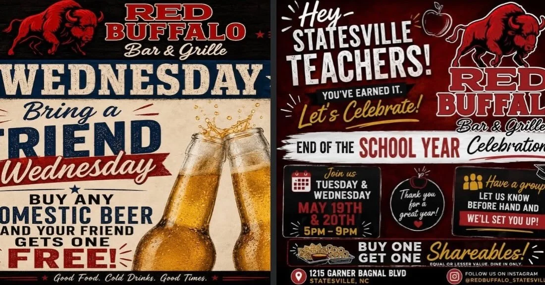 Hey Statesville teachers &mdash; you&rsquo;ve earned this! 🎉🍎

Come celebrate the end of the school year with us at Red Buffalo Bar &amp; Grille on Tuesday &amp; Wednesday, May 19th&ndash;20th from 5&ndash;9 PM. Bring your teacher crew, grab some B