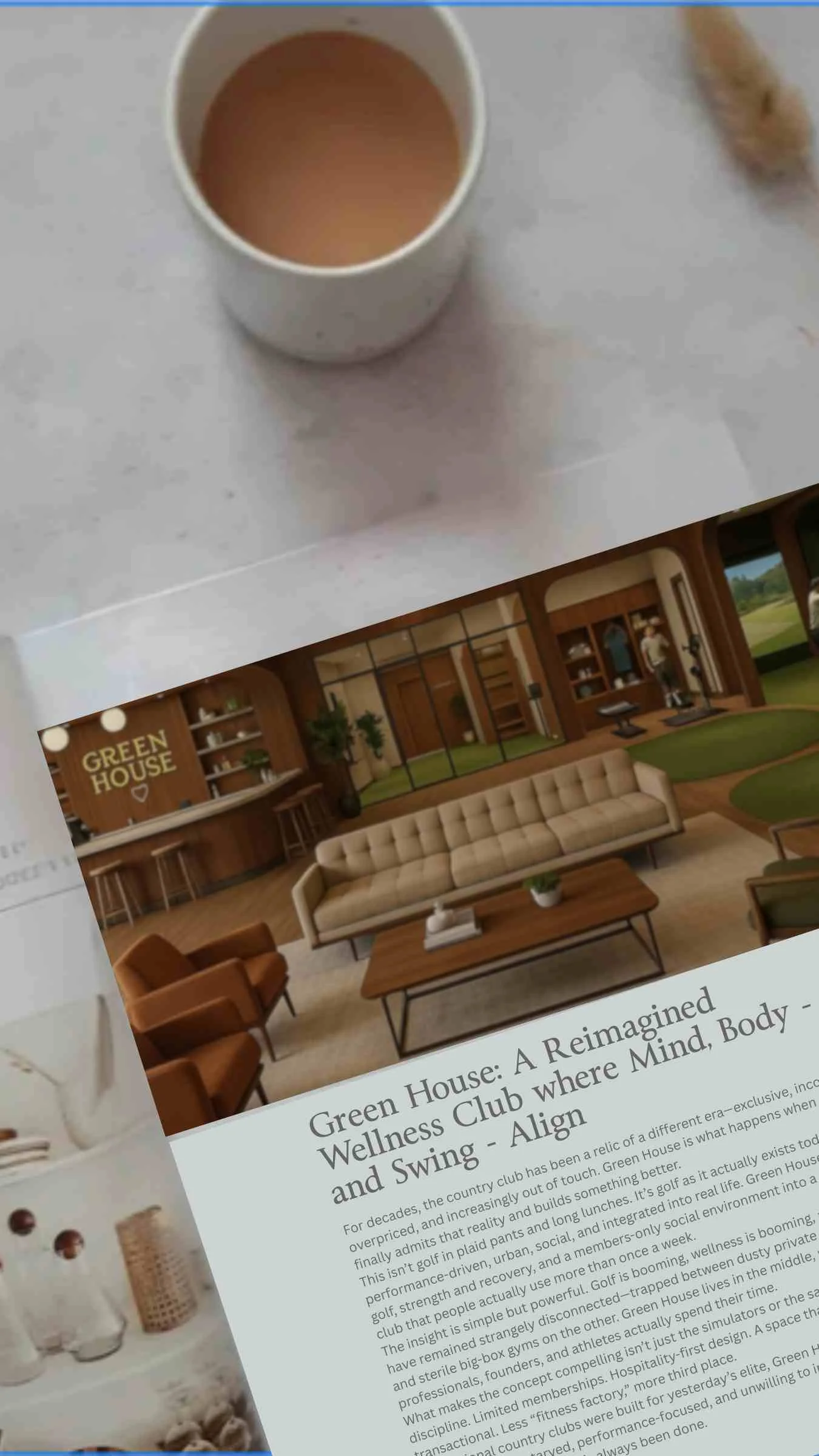A screenshot of a webpage titled 'Green House: A Reimagined Wellness Club where Mind, Body - and Swing - Align' featuring a cozy wellness club interior with a beige sofa, wooden coffee table, chairs, and green plants, along with a cup of coffee or tea placed on a white table.