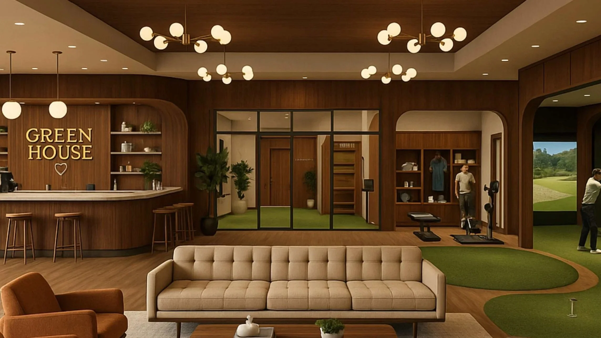 Indoor lounge area with a beige sofa, an orange armchair, a wooden coffee table, and a bar with the sign 'Green House'. There are multiple decorative spherical light fixtures on the ceiling, indoor plants, and a section of artificial grass that looks like a golf practice area.
