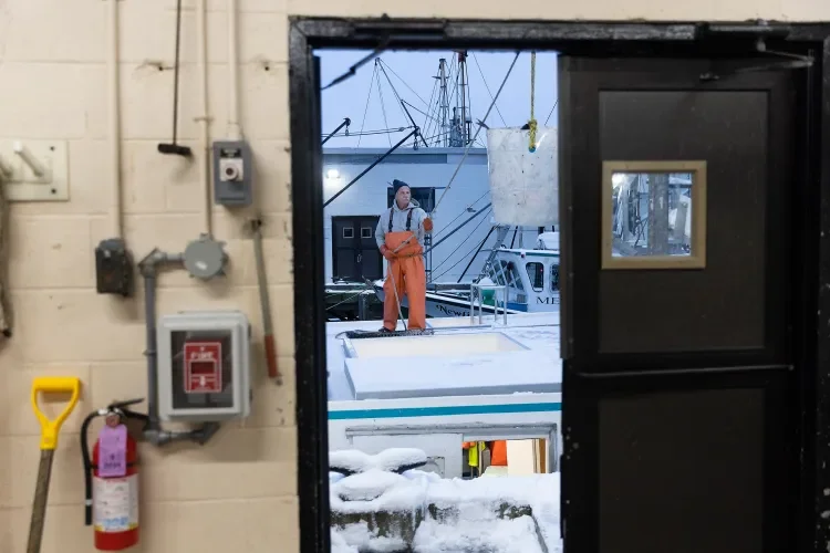 A person standing on a boat deck outside viewed through a doorway, with snowy surroundings and docked boats in the background.
