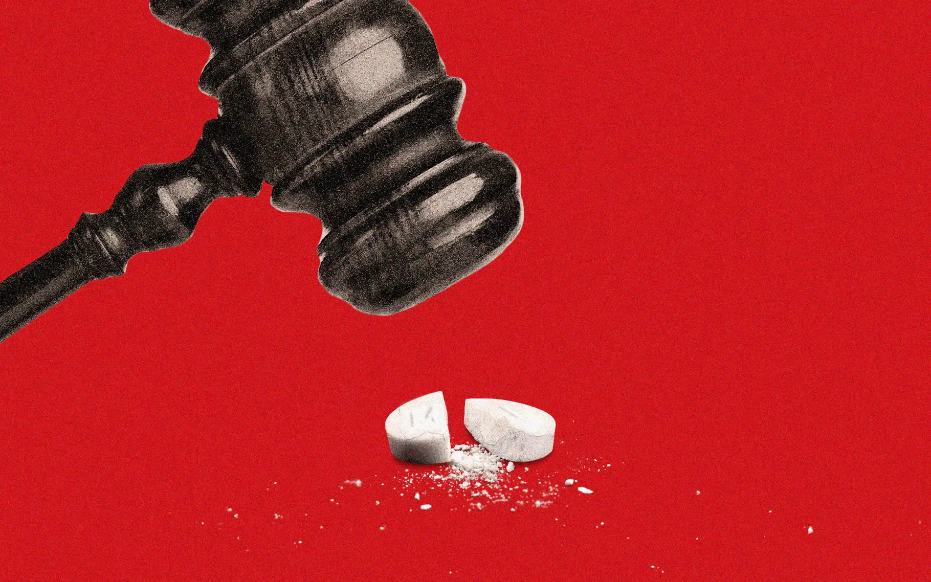Black gavel held above broken white pills on a red background.