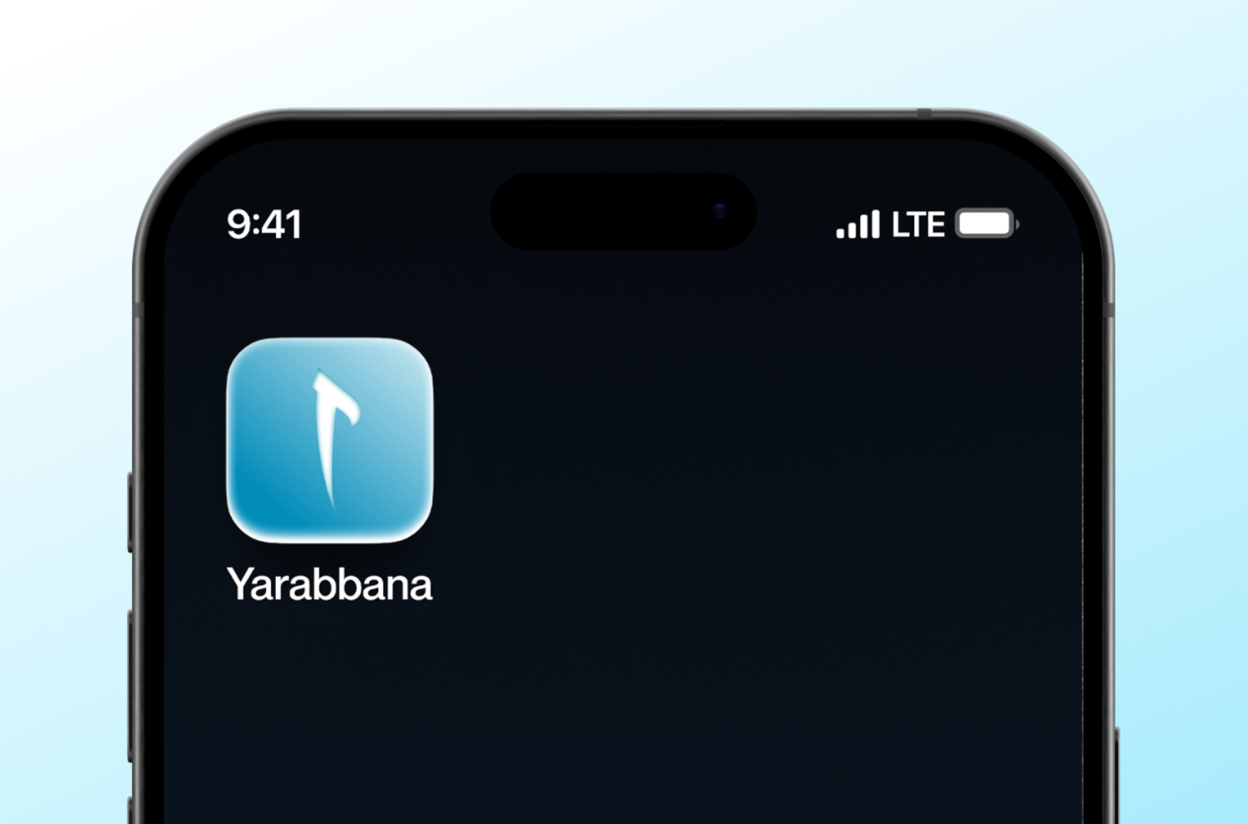 Close-up of a smartphone screen displaying the Yarbana app icon, which is a blue square with a white arrow pointing upward, and the app name 'Yarbana' below it.