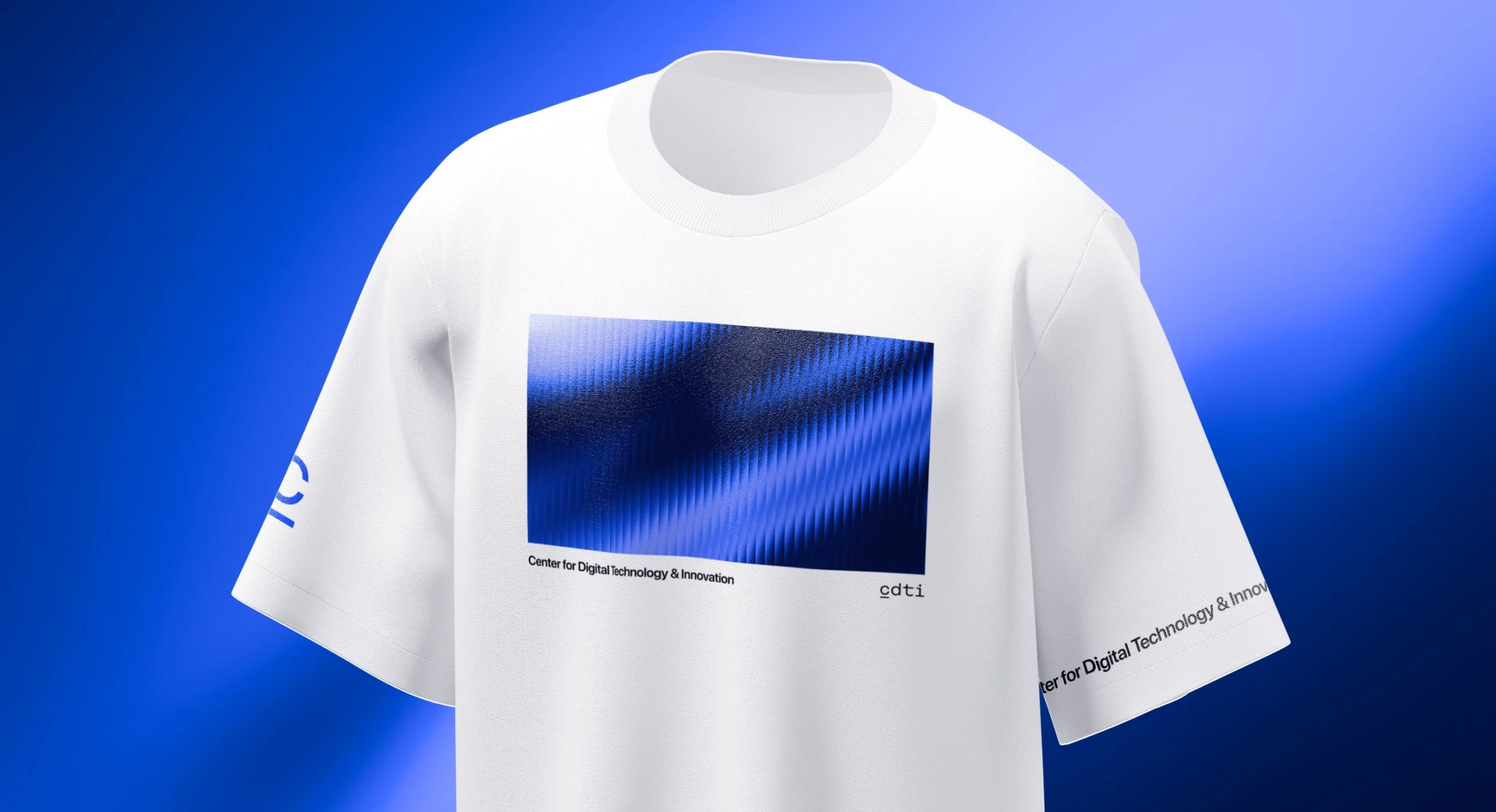 White T-shirt with a blue abstract digital pattern on the front and text indicating 'Center for Digital Technology & Innovation' and 'cdti', displayed against a blue gradient background.