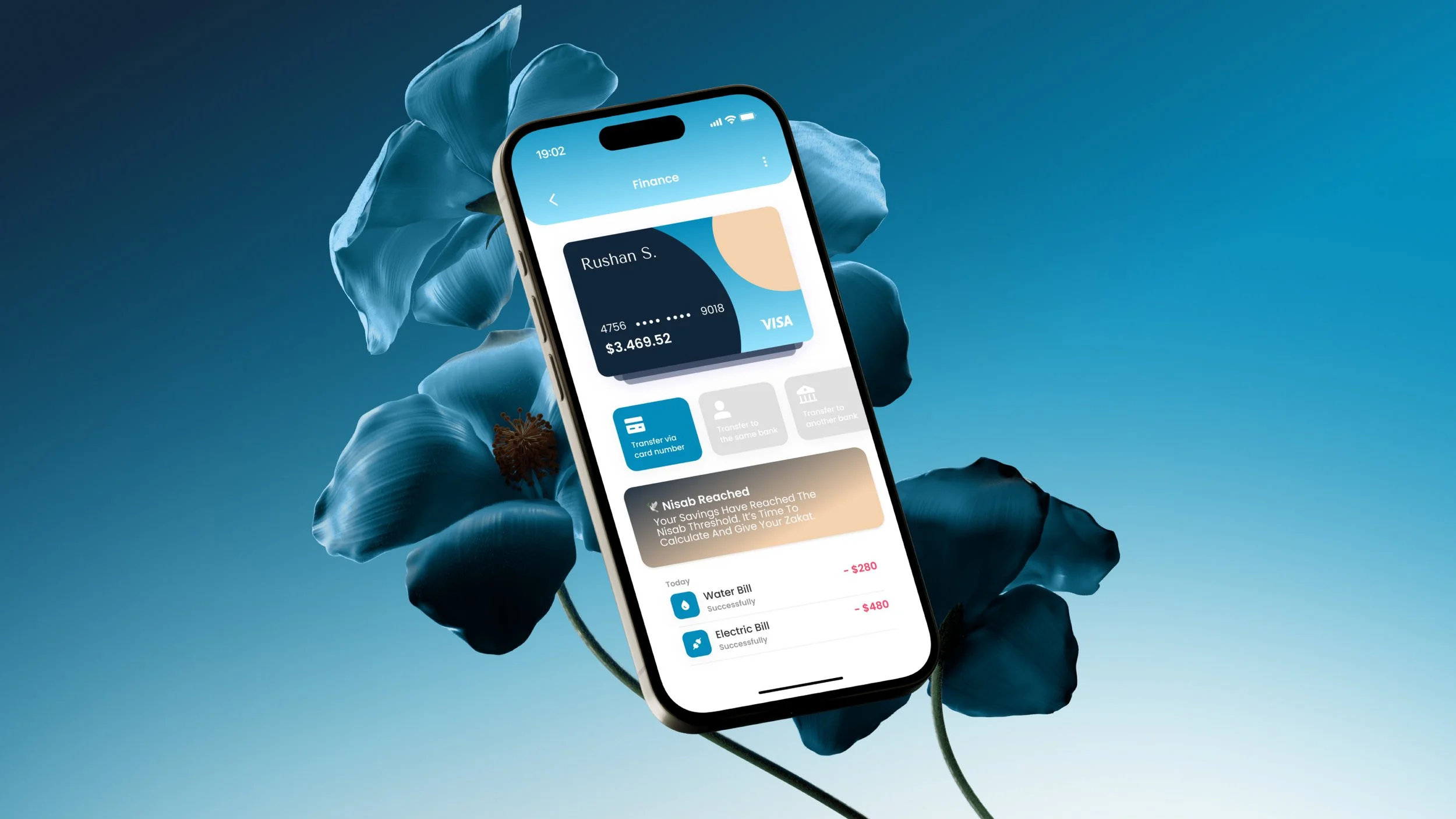 Smartphone displaying a finance app, with a virtual Visa card and transaction details, floating in front of a blue flower background.