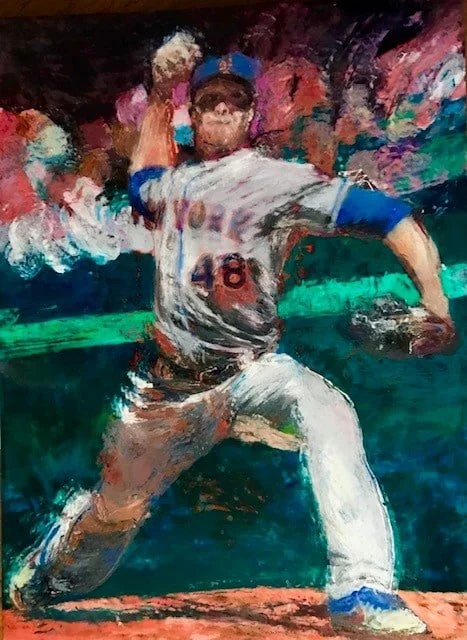 Painting of a baseball pitcher in a white and blue uniform throwing a pitch on the field.