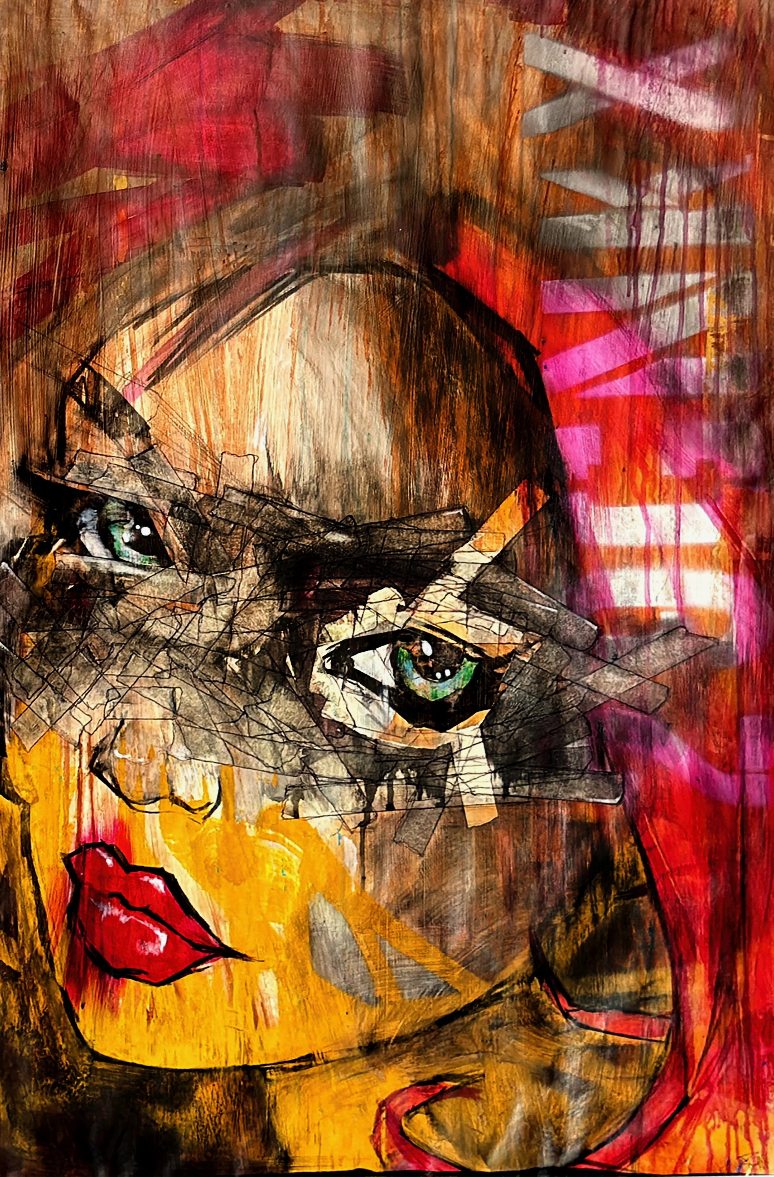 Abstract painting of a woman's face with vibrant colors, focusing on green eyes, red lipstick, and black outlines with expressive brushstrokes and layered textures.