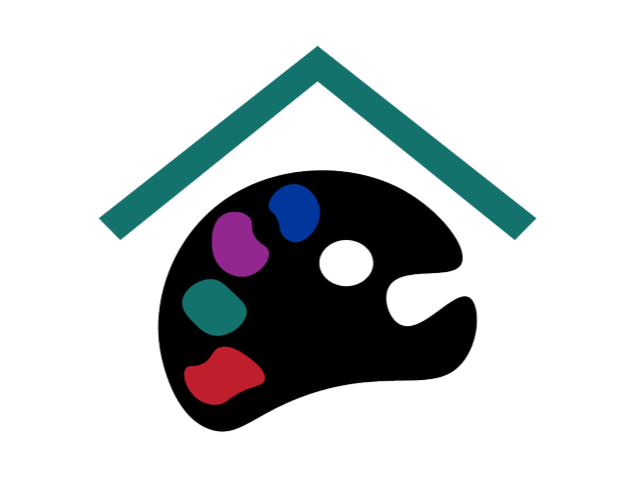 A painter's palette with five color blobs under a teal roof supporting structure.