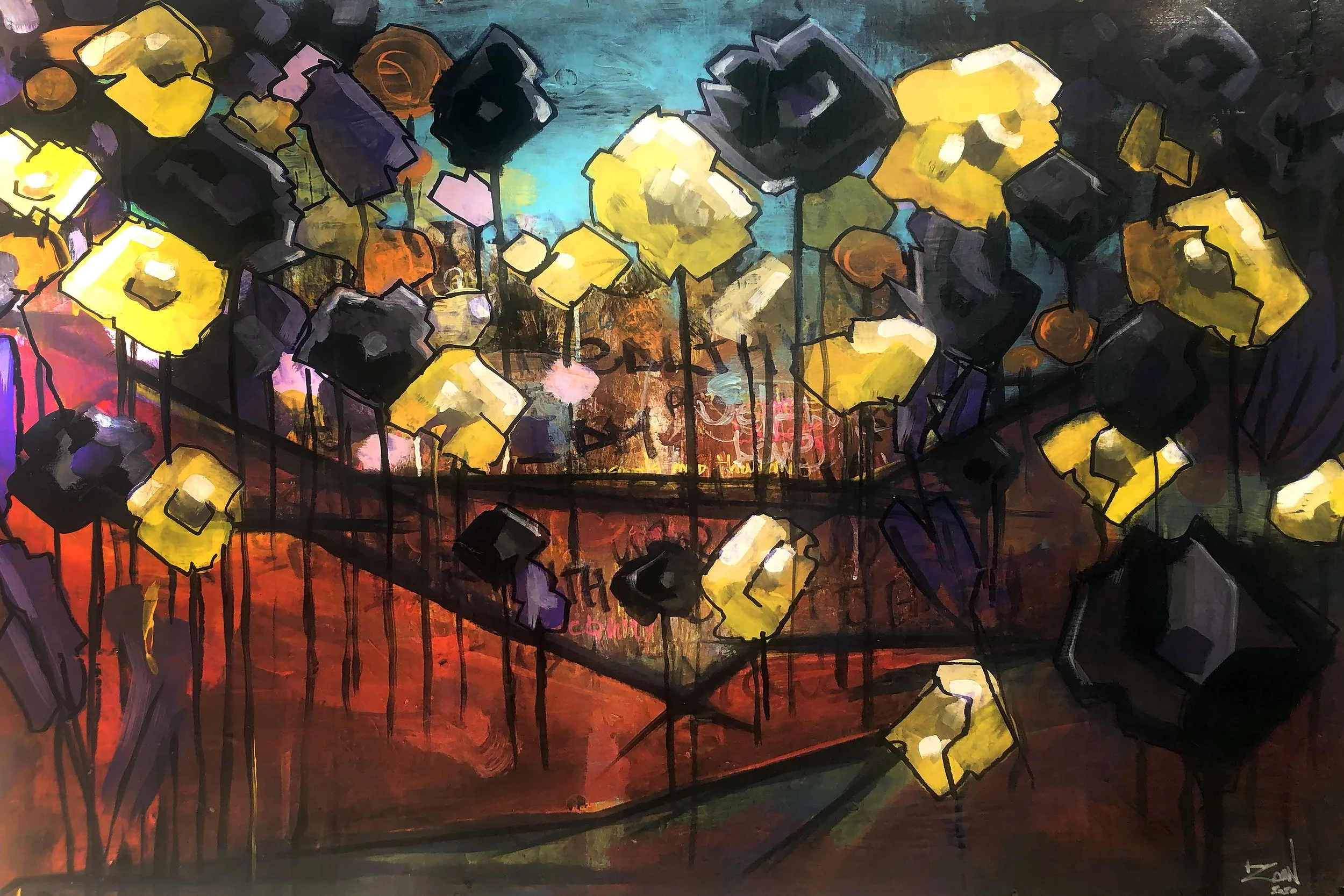 Abstract painting of a stage with hanging yellow and black geometric lights, colorful background, and silhouette of the stage with some graffiti.