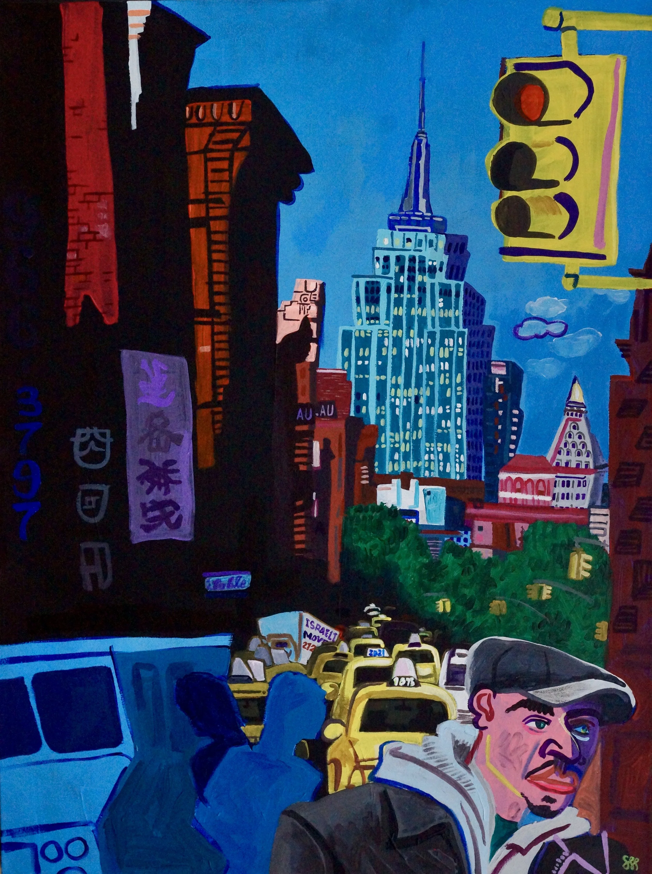 Colorful painting of a city street scene, with a tall blue building resembling the Empire State Building, yellow traffic lights, and people wearing hoodies and caps amidst yellow taxis.