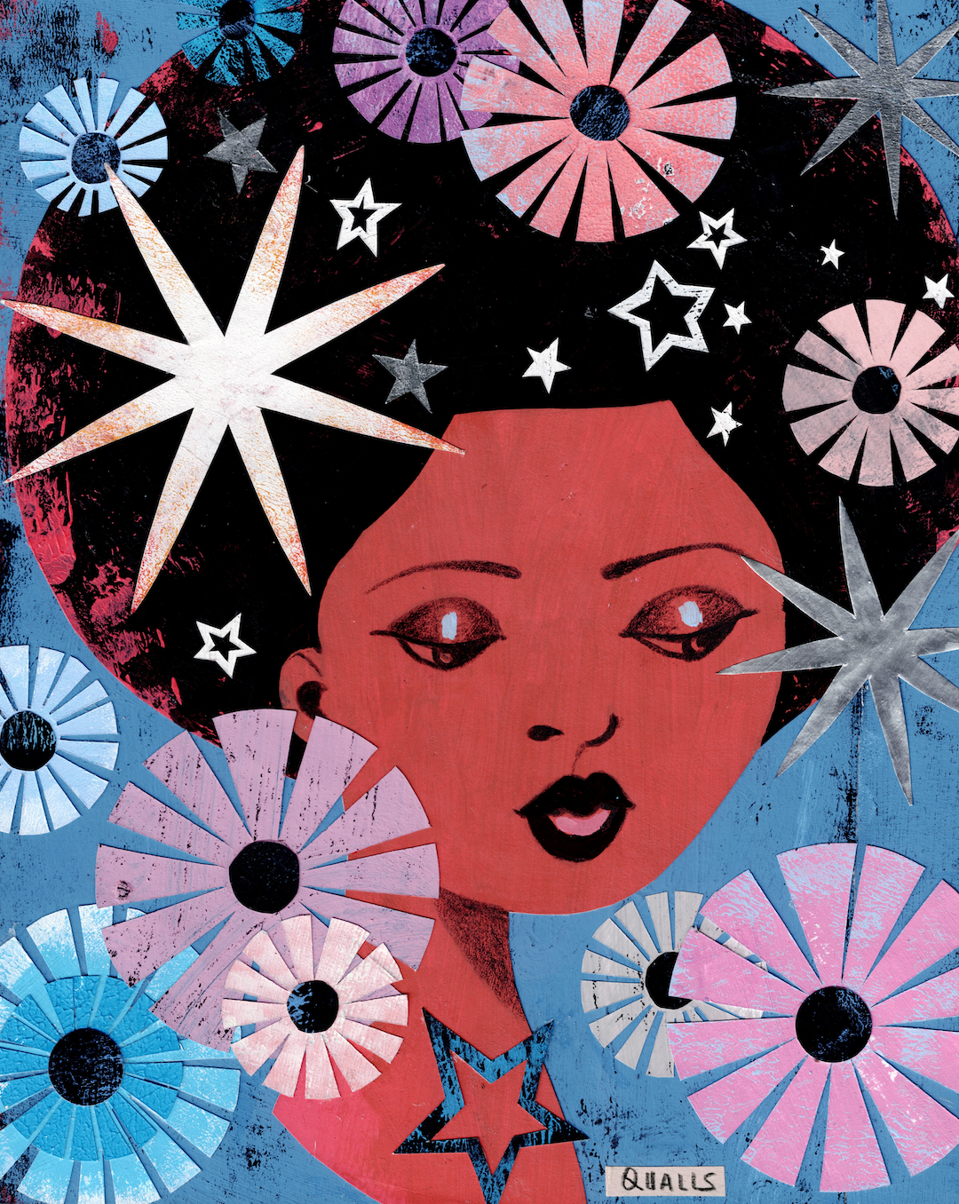 Illustration of a woman with an elaborate hairstyle adorned with fireworks and stars, set against a blue background.