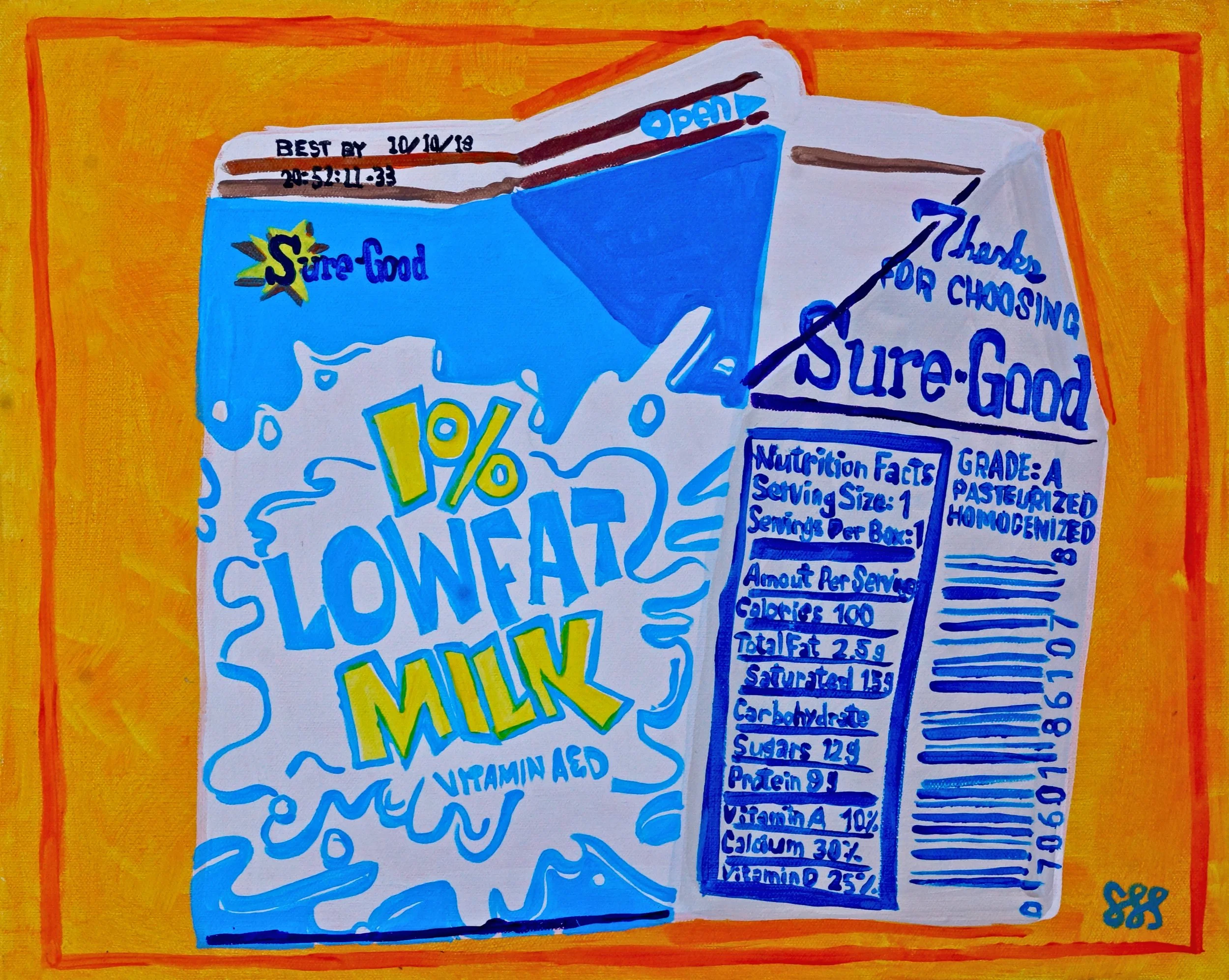 Colorful drawing of a milk carton with bright blue and white colors, featuring text that says 'Sure-Good,' '1% Lowfat Milk,' and nutritional information on the side. The background is orange with a yellow border.