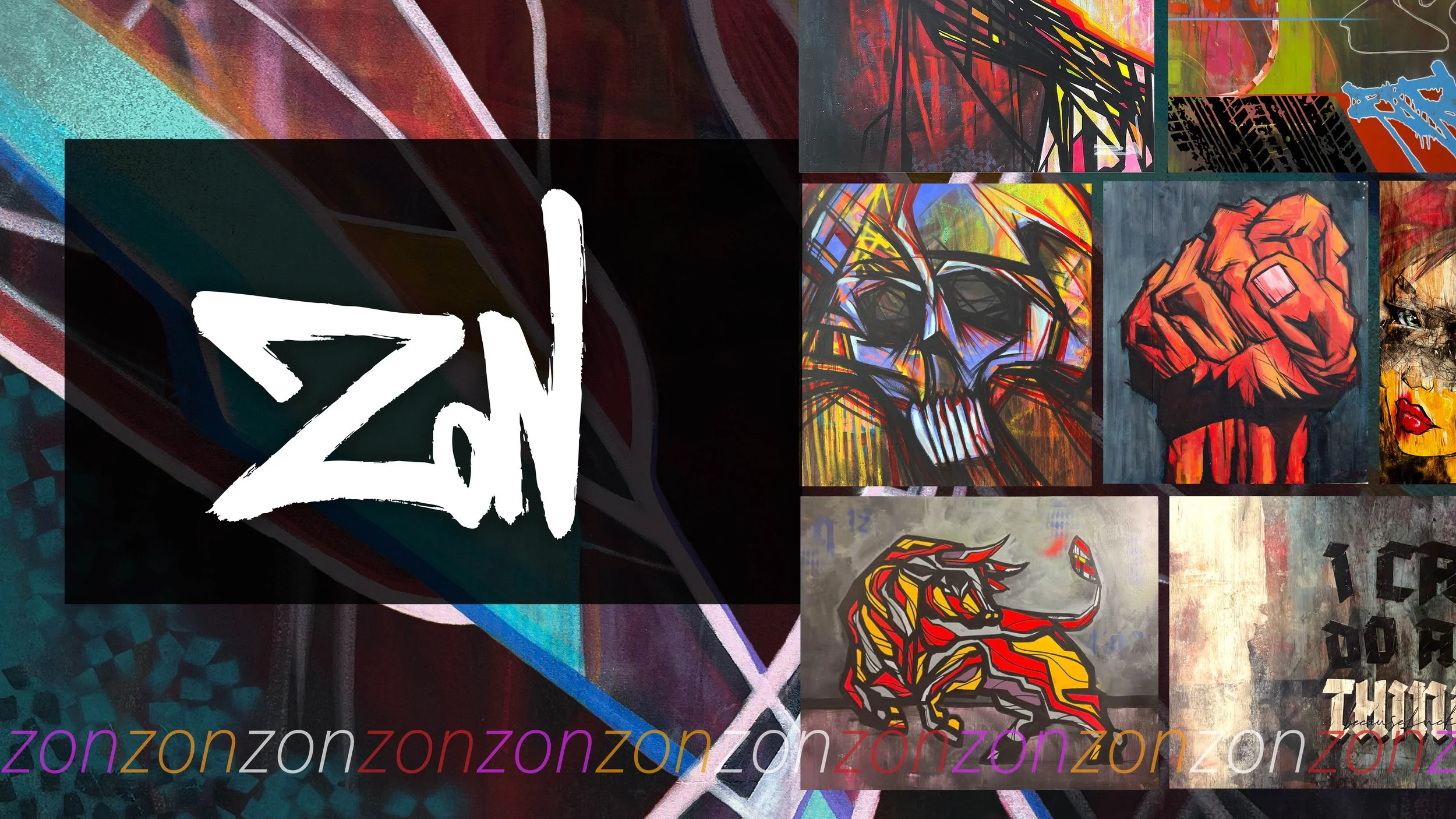 A collage of graffiti and street art with a prominent black and white Zln logo overlay in the center.