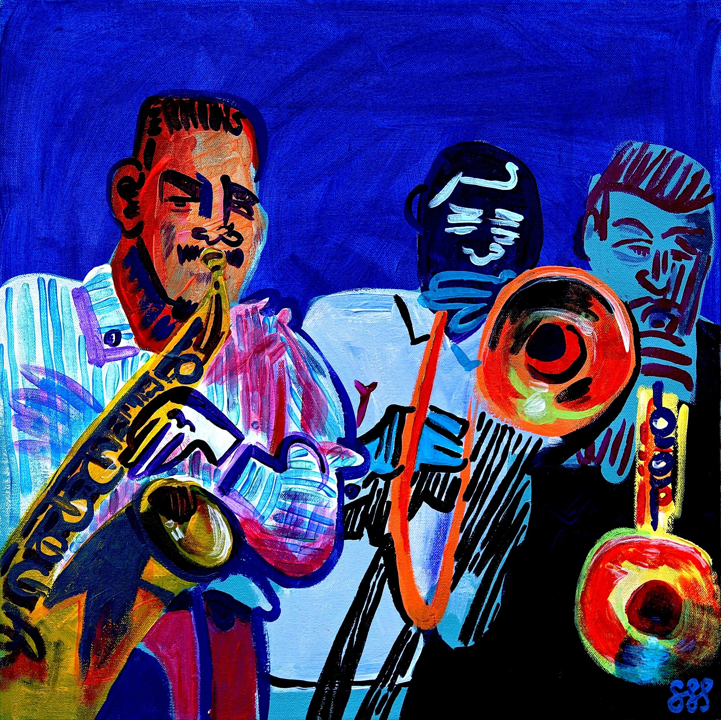 A colorful painting of three musicians playing brass instruments, with a dark blue background.