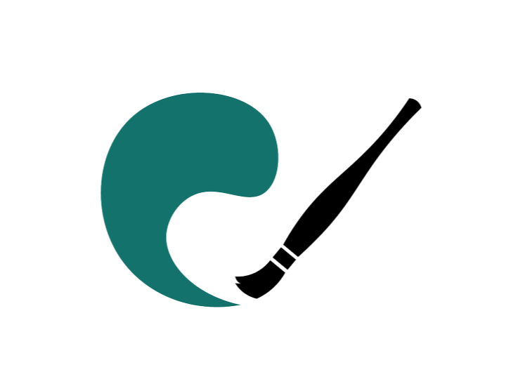 A thick teal paintbrush stroke forming a partial circle, with a paintbrush positioned near the stroke, illustrating the concept of painting or artistic creation.