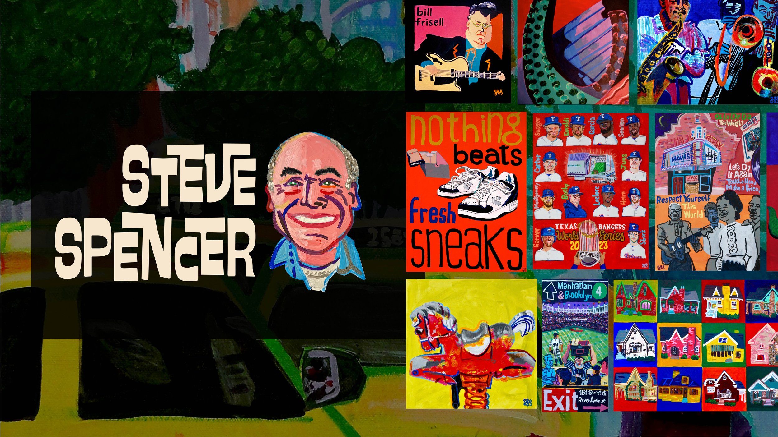 Collage of various colorful and quirky illustrations and photographs, including a portrait of Steve Spencer with his name, musical instruments, sports team cards, neighborhood scenes, and a cartoon horse, arranged in a grid pattern.