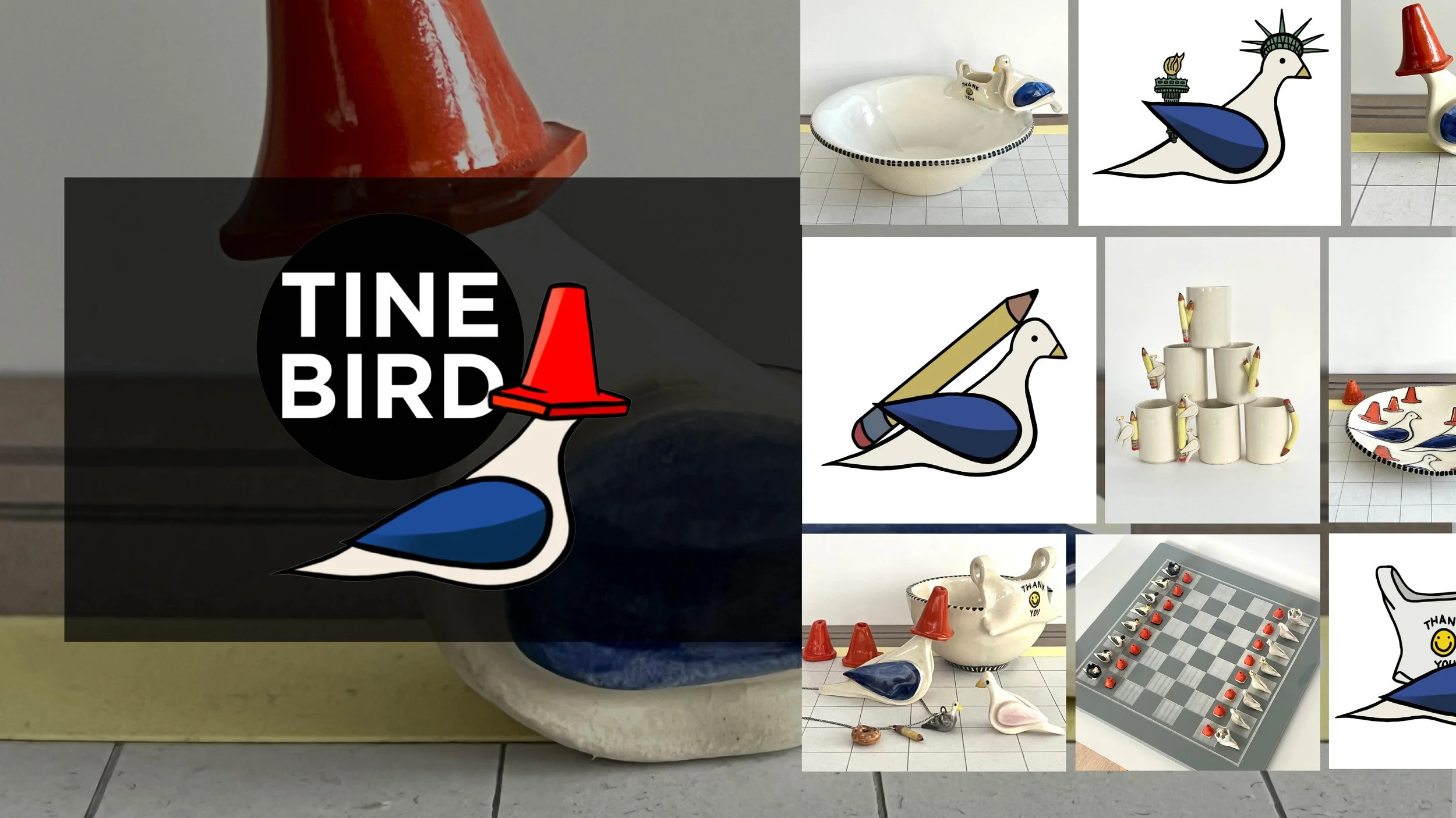 Collection of ceramic and decorative objects including bird-shaped figurines, mugs, and chess set with orange and white pieces, along with digitally added graphics of birds and a traffic cone.