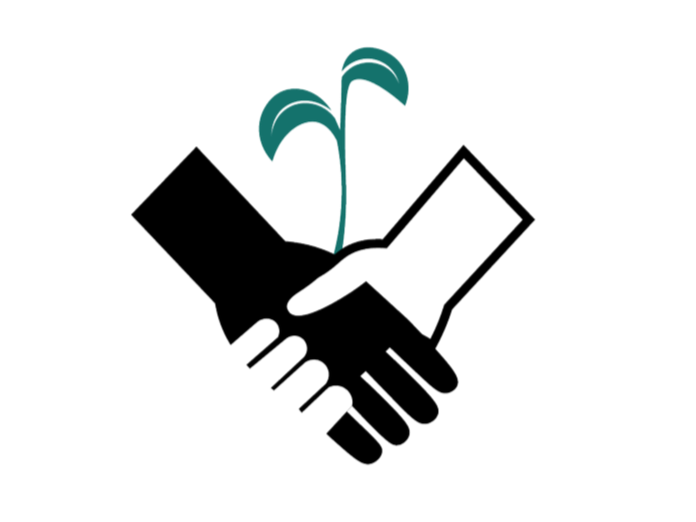 Black and white outline of two hands shaking, with a green sprout growing from the handshake.