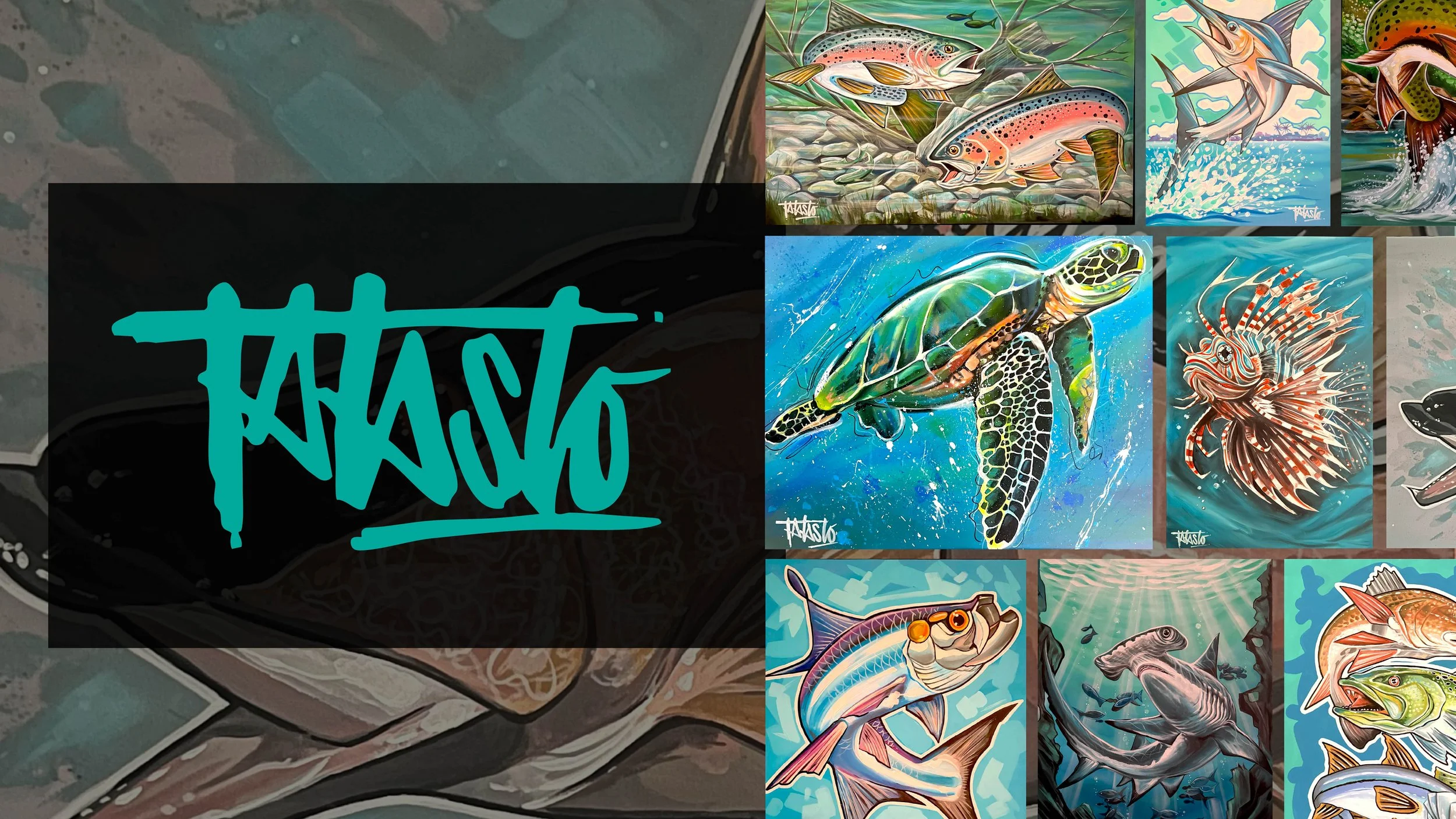 Collection of colorful underwater-themed artwork by Todd Laslo featuring various fish, a turtle, and aquatic scenes, with a large black box covering part of the images with teal graffiti-style text