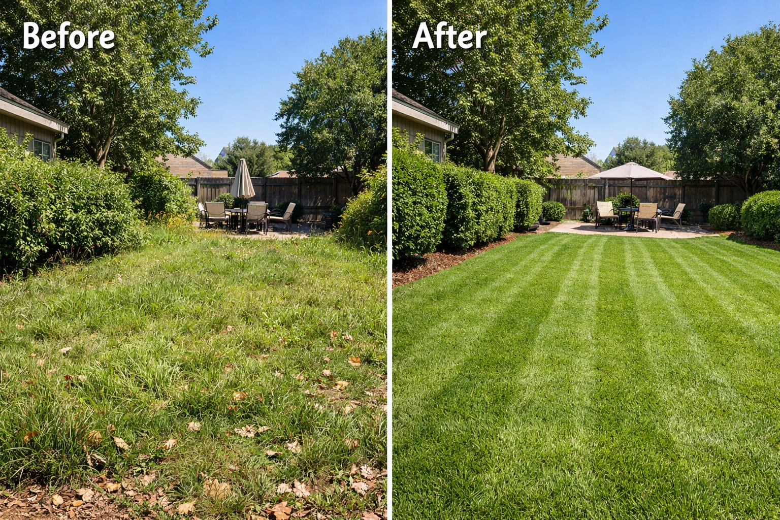 Comparison of a backyard before and after lawn renovation, showing overgrown grassy area transformed into a neatly mowed lawn with outdoor furniture and umbrella.