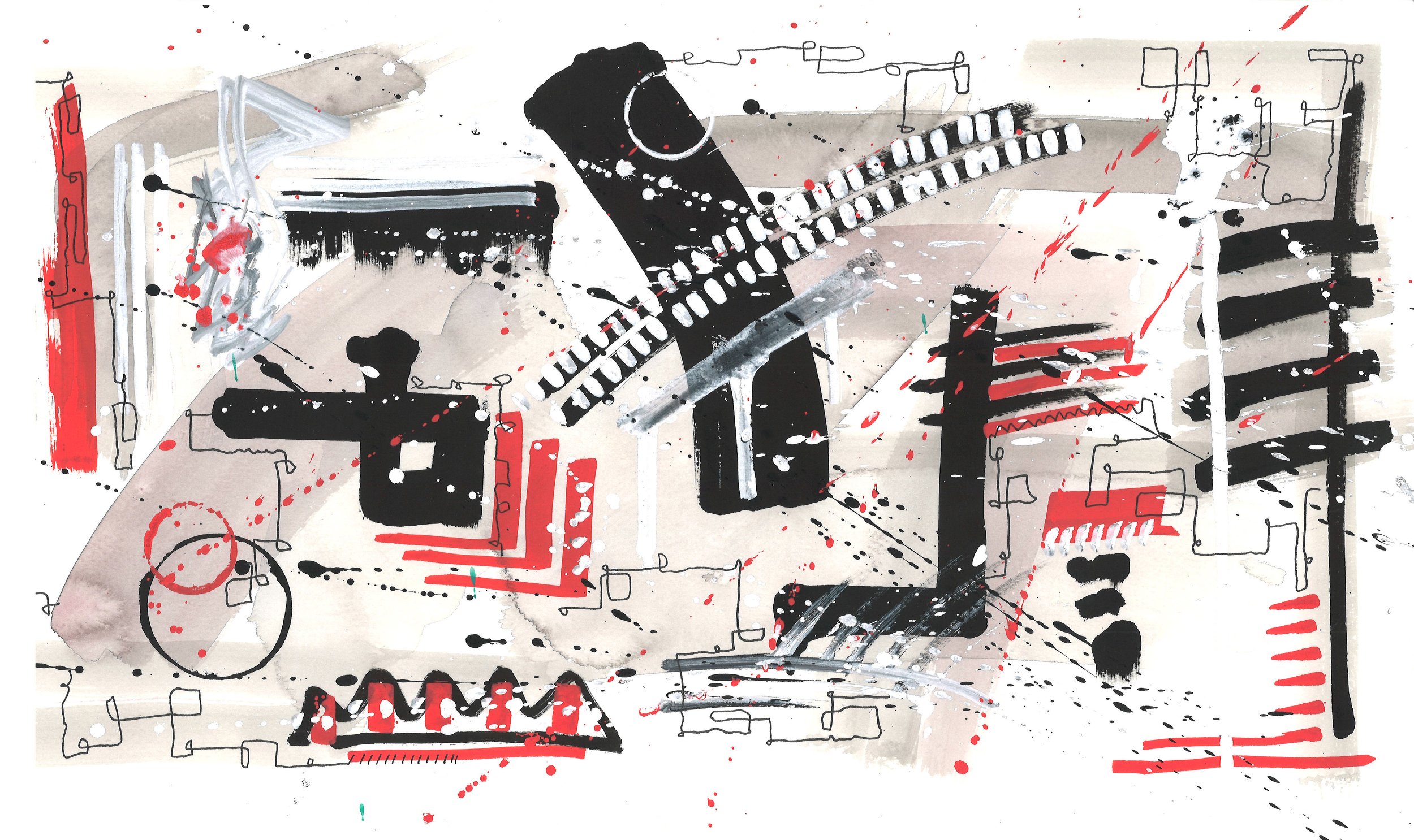 Œuvre originale abstraite contemporaine intitulée ATLAS par JG. Technique mixte sur papier, format horizontal 46 × 25 cm.