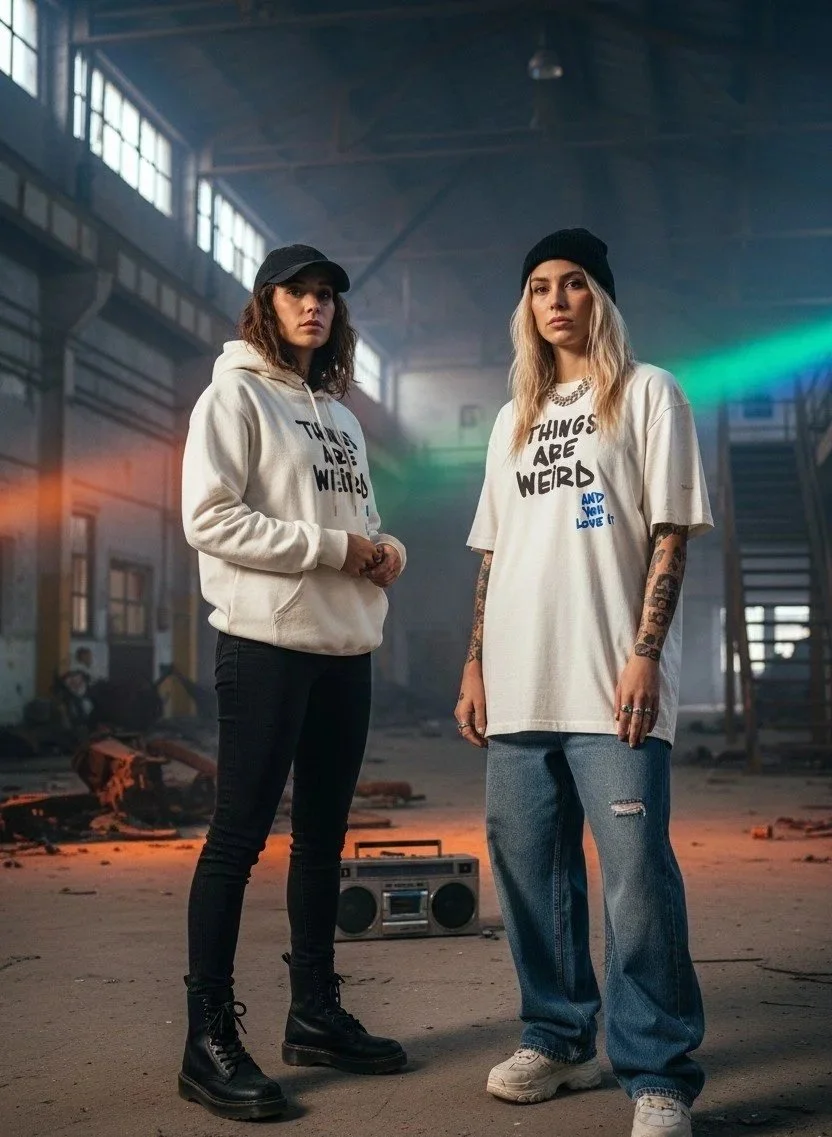 Deux jeunes femmes avec des vêtements urbains, debout dans un hangar abandonné avec des lumières colorées et un vieux poste de radio au sol.