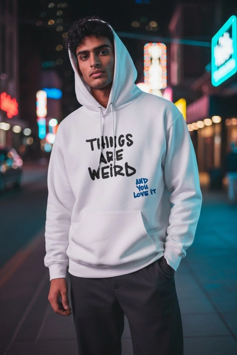 Jeune homme portant un sweat à capuche blanc avec l'inscription "Things are weird and you love it", debout dans une rue urbaine illuminée la nuit.