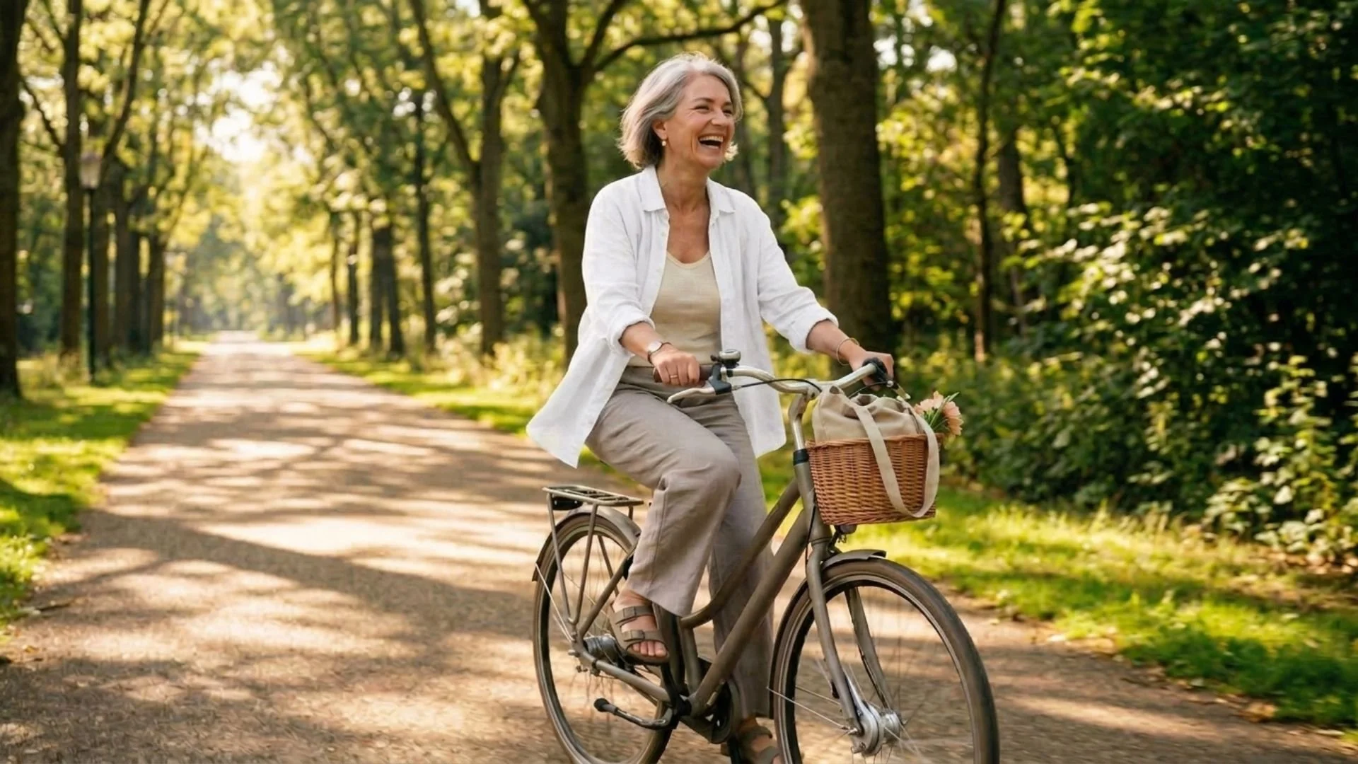 An elderly woman with gray hair, wearing a white shirt and beige pants, is riding a bicycle with a basket on the front along a tree-lined path, smiling and enjoying the outdoors.