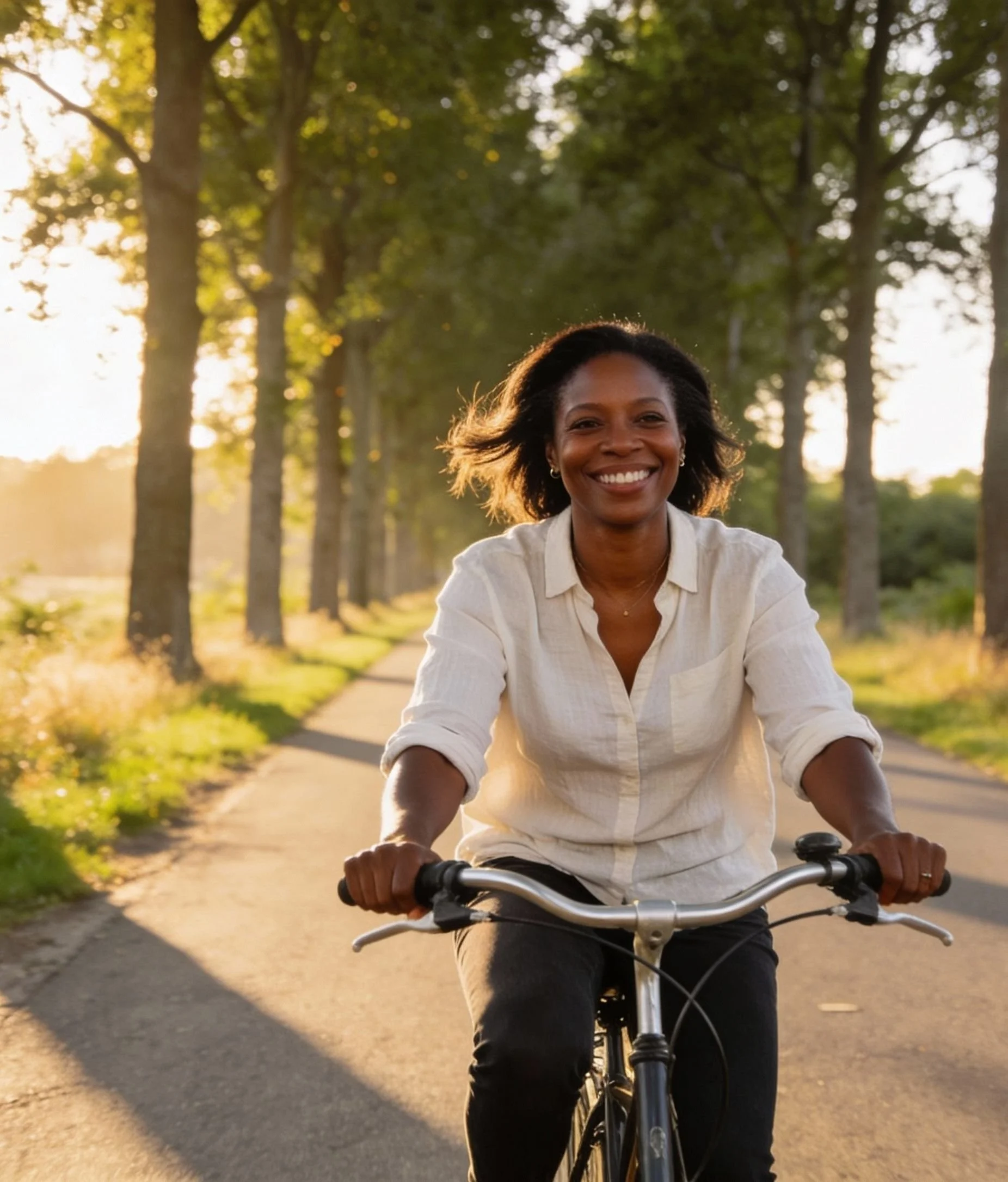 A woman riding a bicycle on a tree-lined country road during sunset, smiling