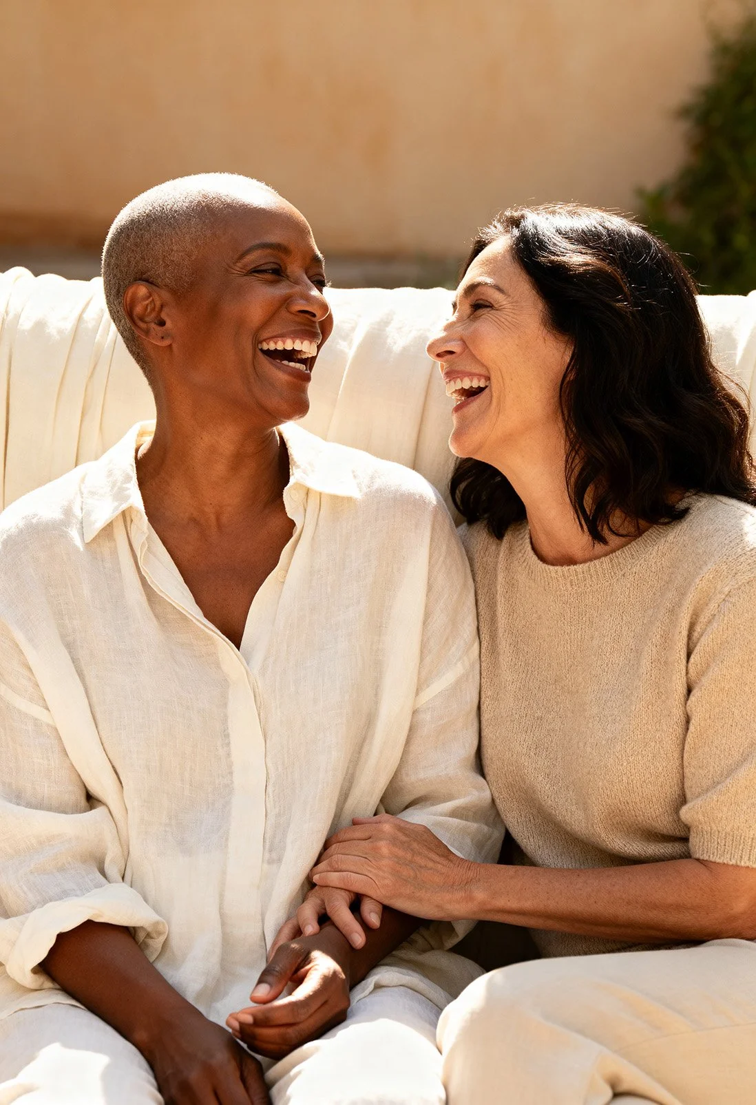 Two women sitting close together on a sofa, laughing and holding hands, outdoors in warm sunlight.