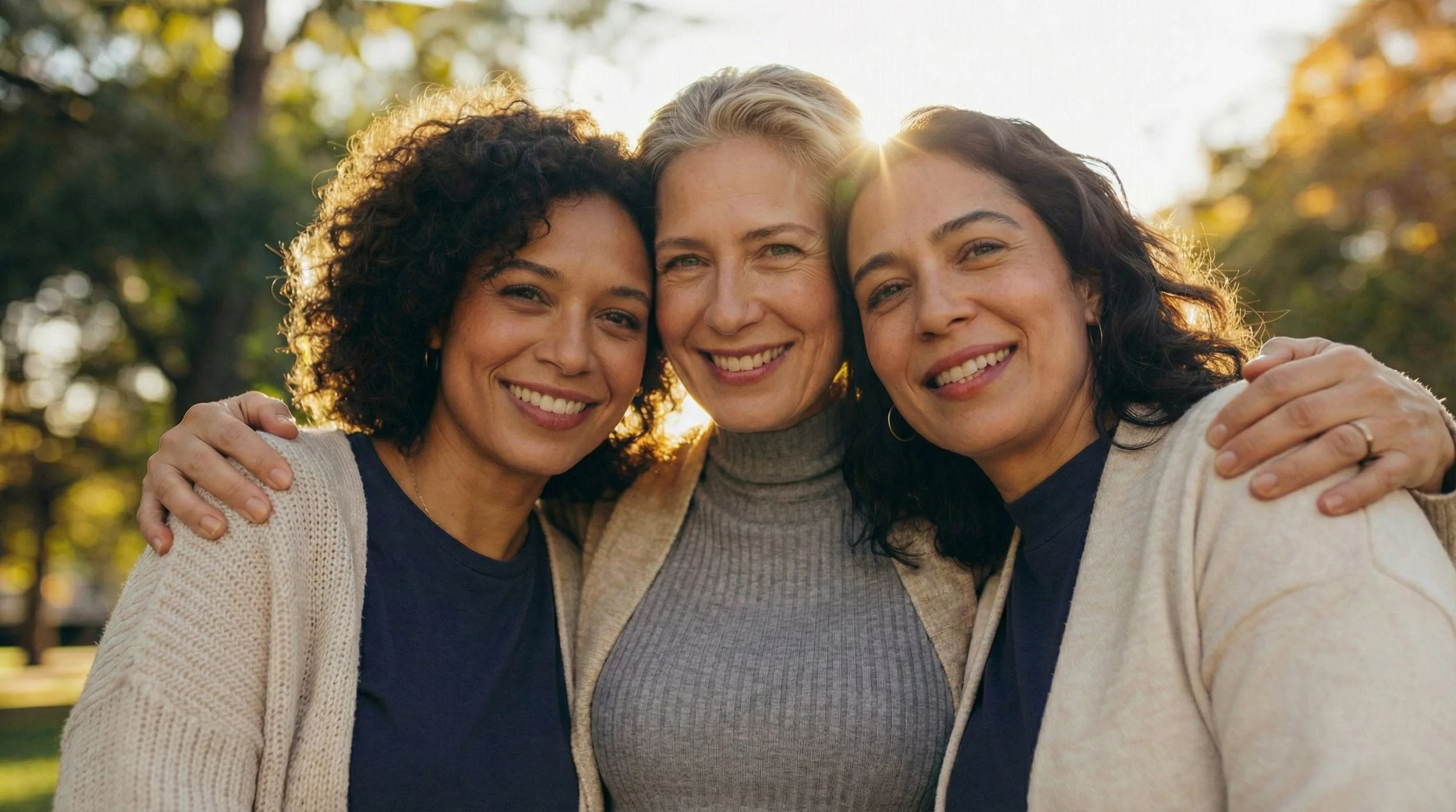 Three women smiling and hugging outdoors in a park with sunlight through trees in the background.