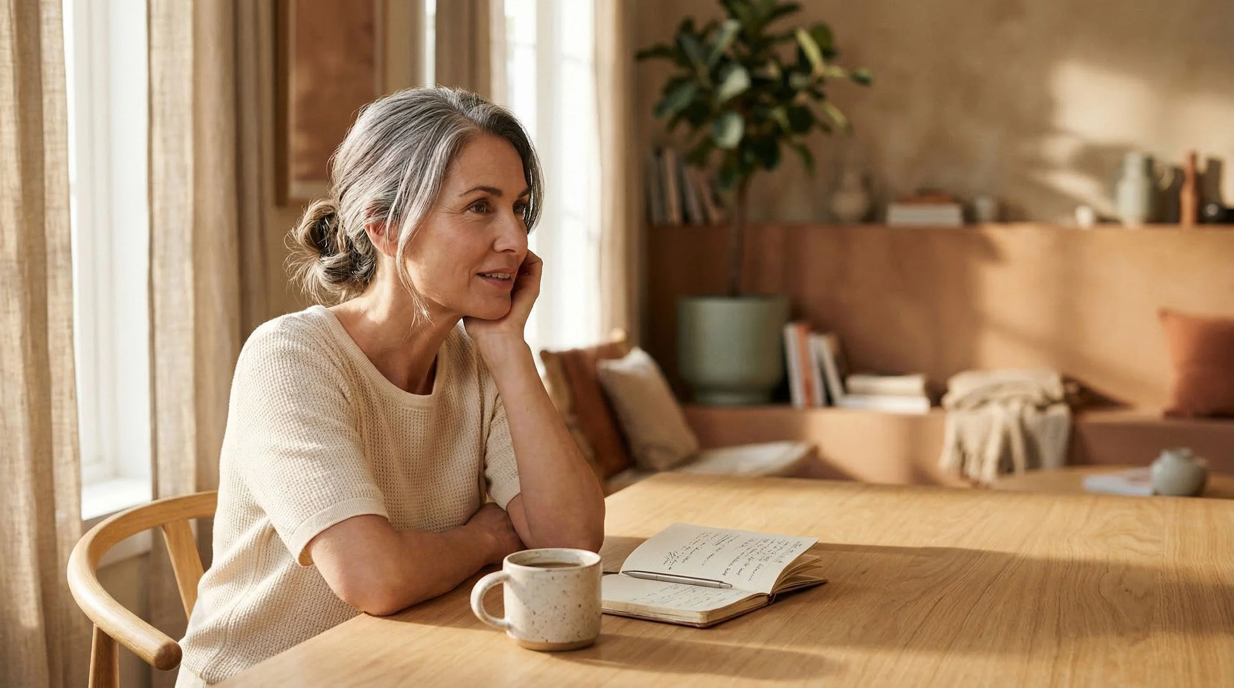 An older woman with gray hair in a bun, sitting at a wooden table with a mug and an open notebook, smiling contemplatively in a cozy, well-lit room with beige curtains and bookshelf.