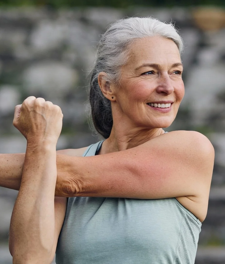 Older woman with gray hair smiling outdoors, stretching her arm and flexing her bicep.