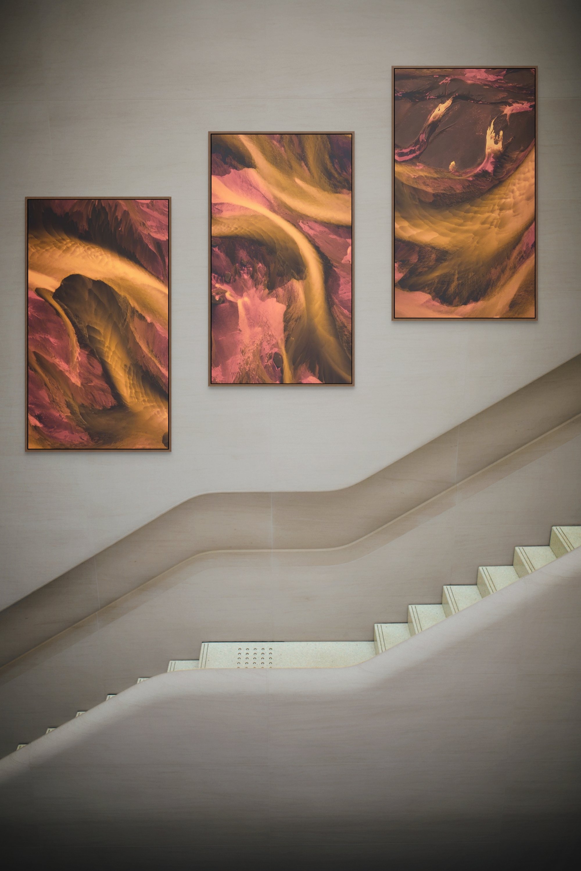  As shown: (3) artworks from River’s Rising Sun as 20×40” triptych on archival canvas with brushed varnish and floating walnut acrylic frames. 