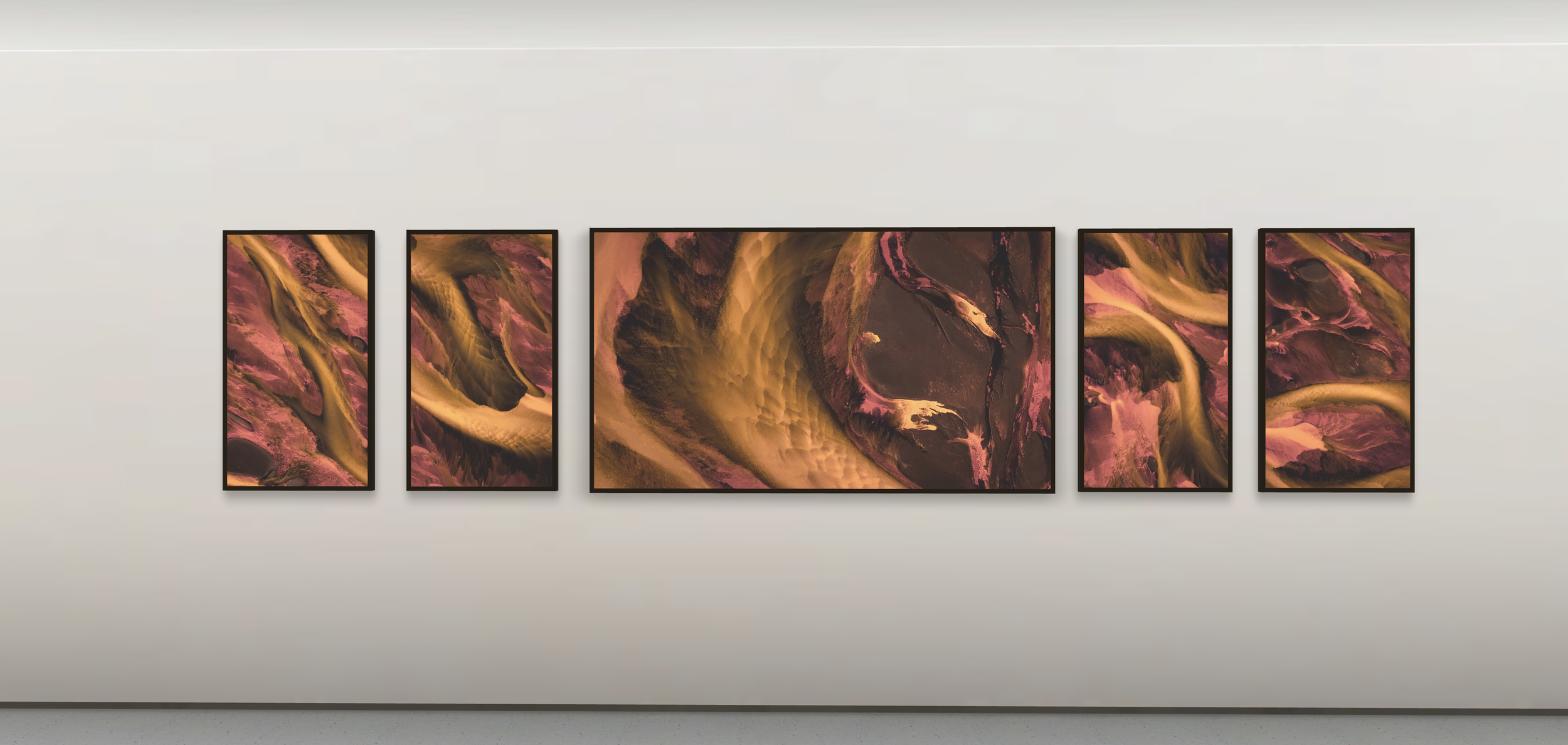  As shown: All (5) artworks from River’s Rising Sun (polytych) on floating acrylic with floating black frames. 