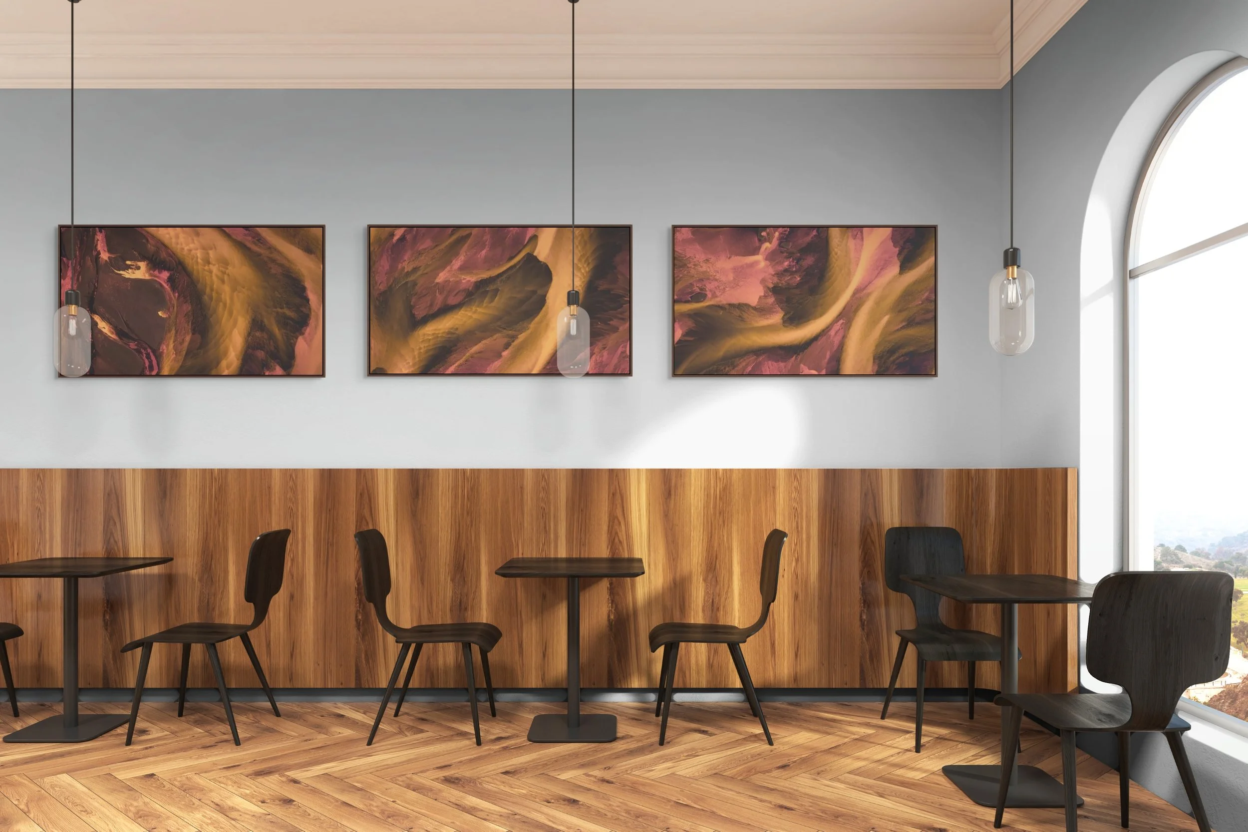  As shown: Commerciial installation of (3) artworks from River’s Rising Sun as 20×40” triptych on archival canvas with brushed varnish. 