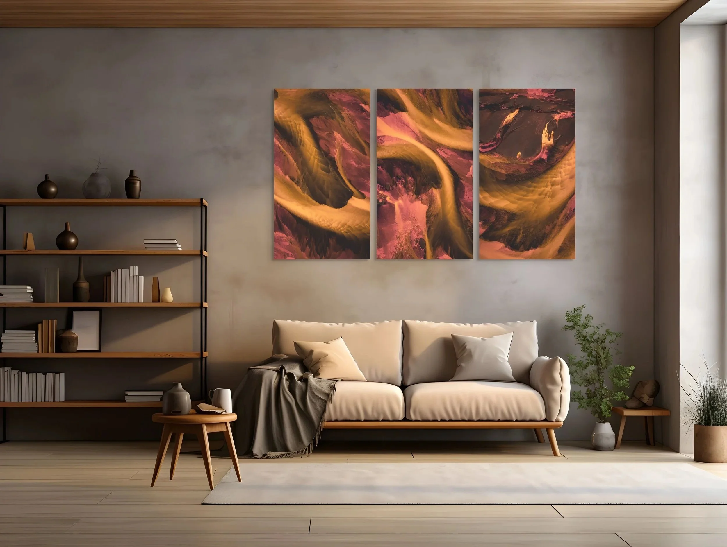  As shown: (3) artworks from River’s Rising Sun as 20×40” triptych on archival canvas with brushed varnish. 