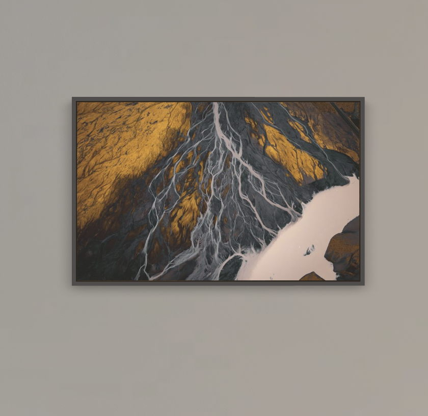 Shown: 24×36” Archival canvas print with floating charcoal frame. 