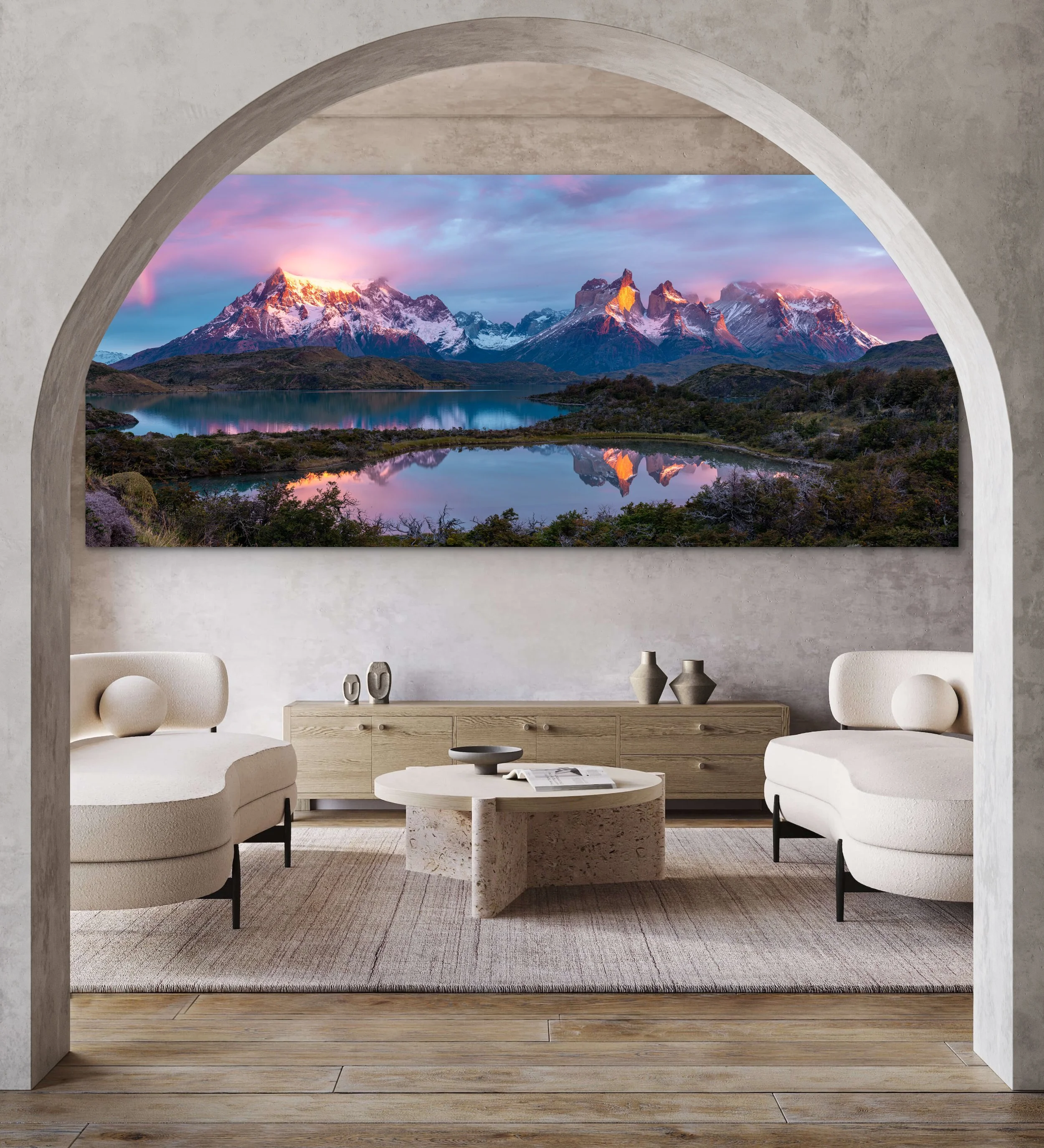  Shown: 48×96” Dye-sublimated Chromaluxe with 1.3” Roma floatmount, ready to hang. 