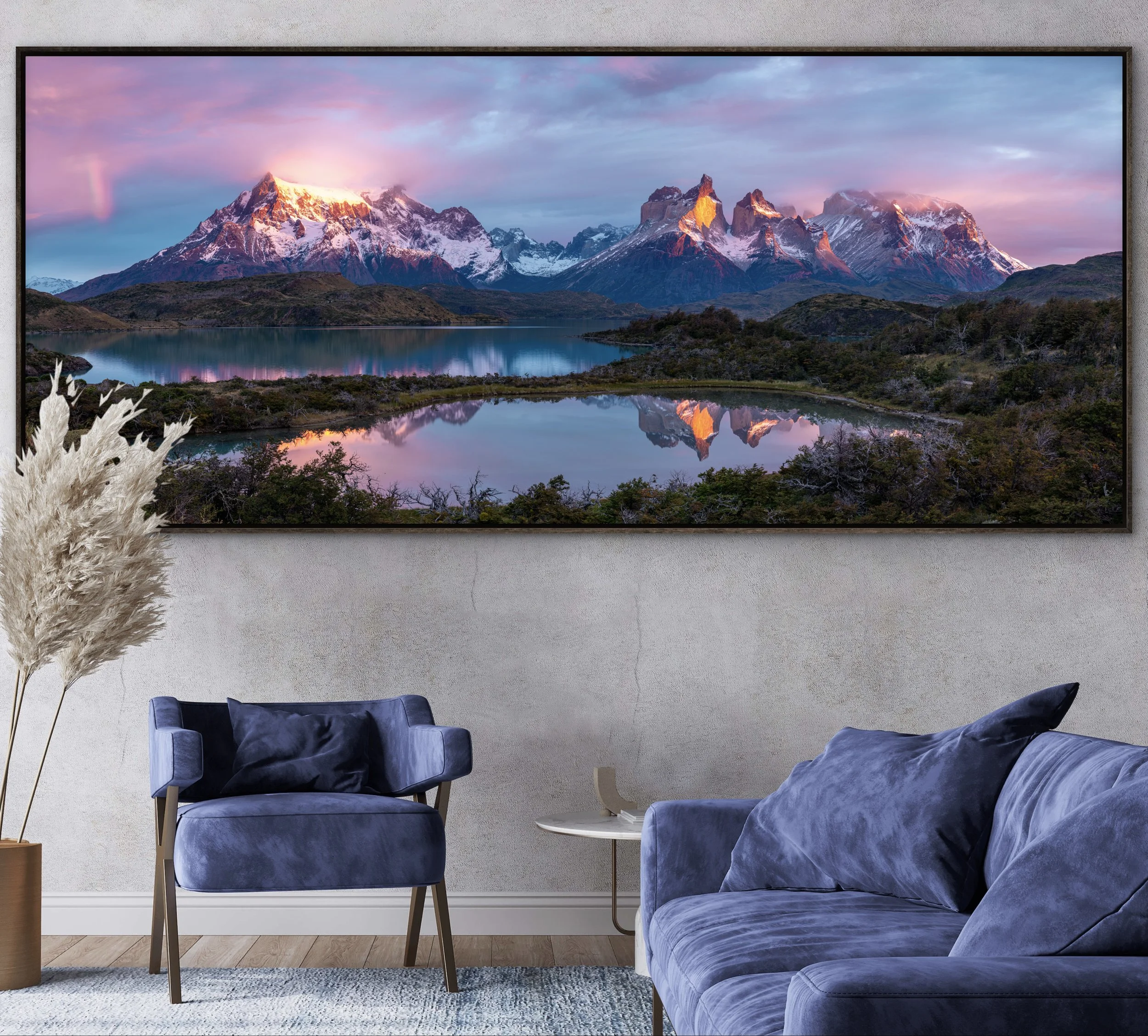  Shown: 48×96” Dye-sublimated Chromaluxe with Roma dark ash floating frame &amp; floatmount, ready to hang. 