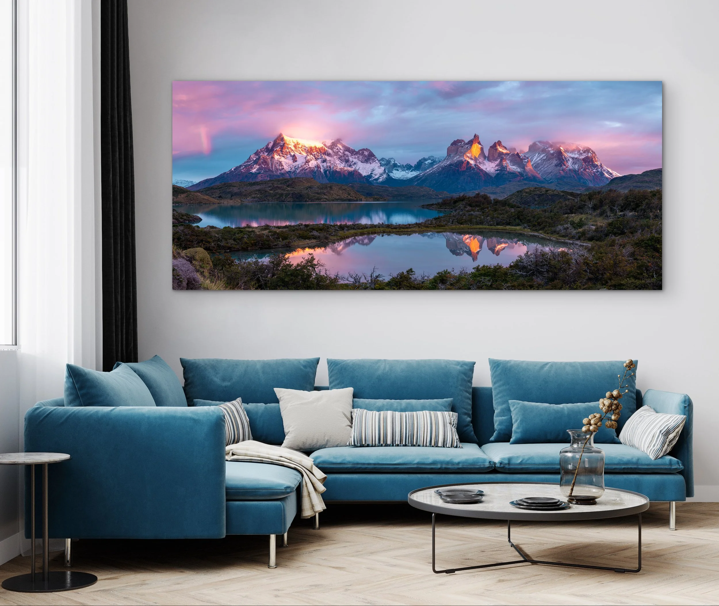  Shown: 48×96” Dye-sublimated Chromaluxe with 1.3” Roma floatmount, ready to hang. 