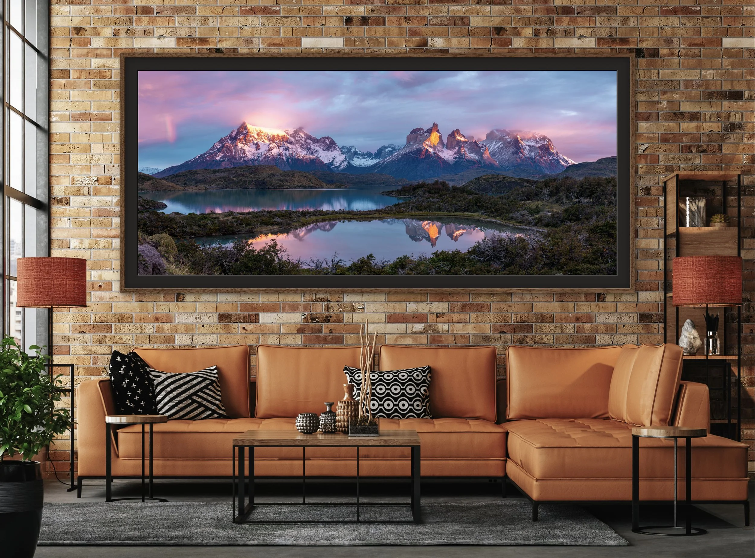  Shown: 48×96” Dye-sublimated Chromaluxe with Roma dark ash floating frame, 4” charcoal linen liner &amp; floatmount, ready to hang. 