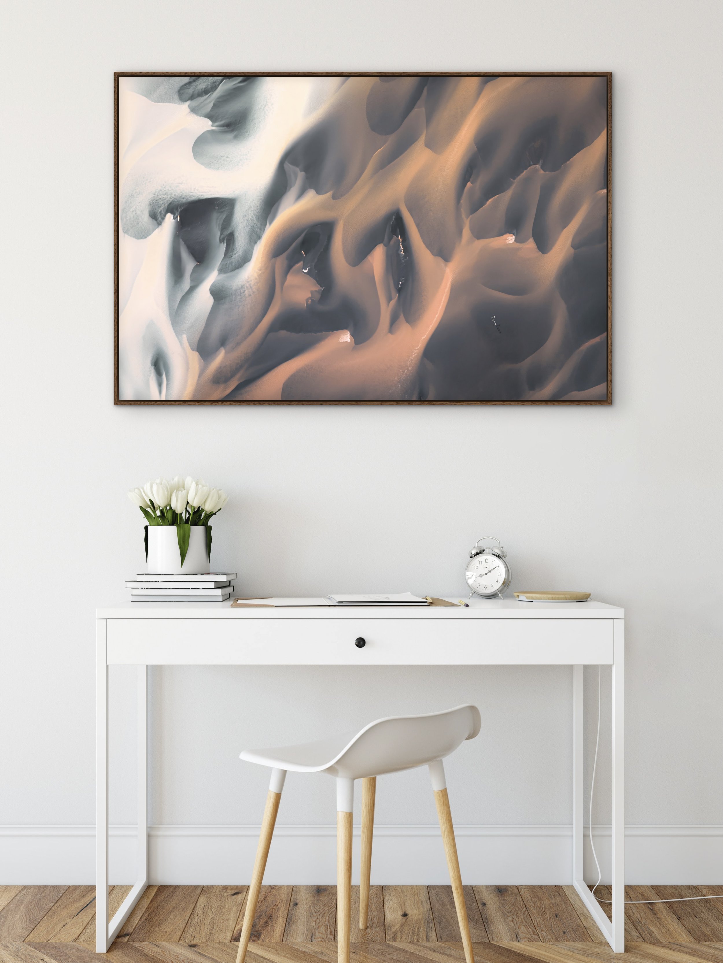  Shown: 32×48 Canvas Gallery Wrap in floating walnut frame. 