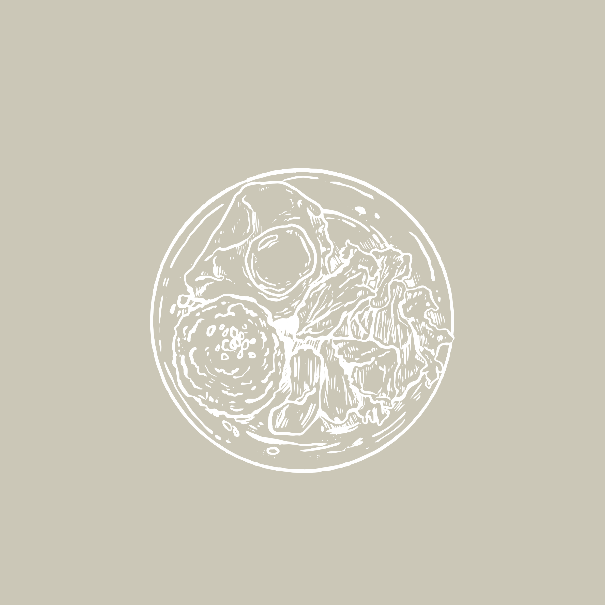 Line drawing of a pizza with various toppings on a light background.